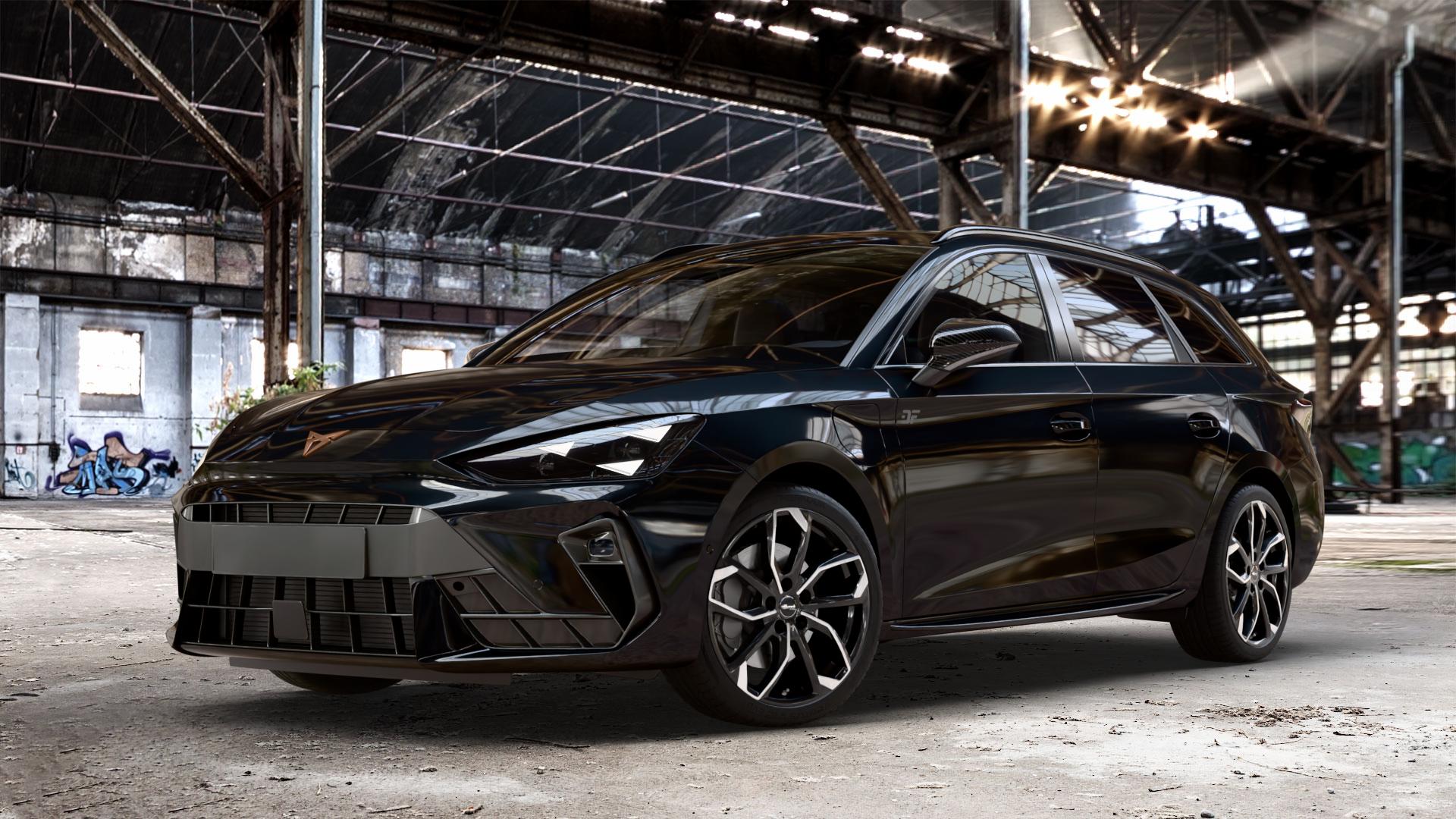 RC Design RC34 schwarz front-poliert Felge mit Reifen silber mehrfarbig in 18Zoll Alufelge auf metallic schwarzem Cupra Leon Typ KL ST Facelift ⬇️ mit 15mm Tieferlegung ⬇️ Old Industrial Hall_max_4400mm_2024 Frontansicht_1
