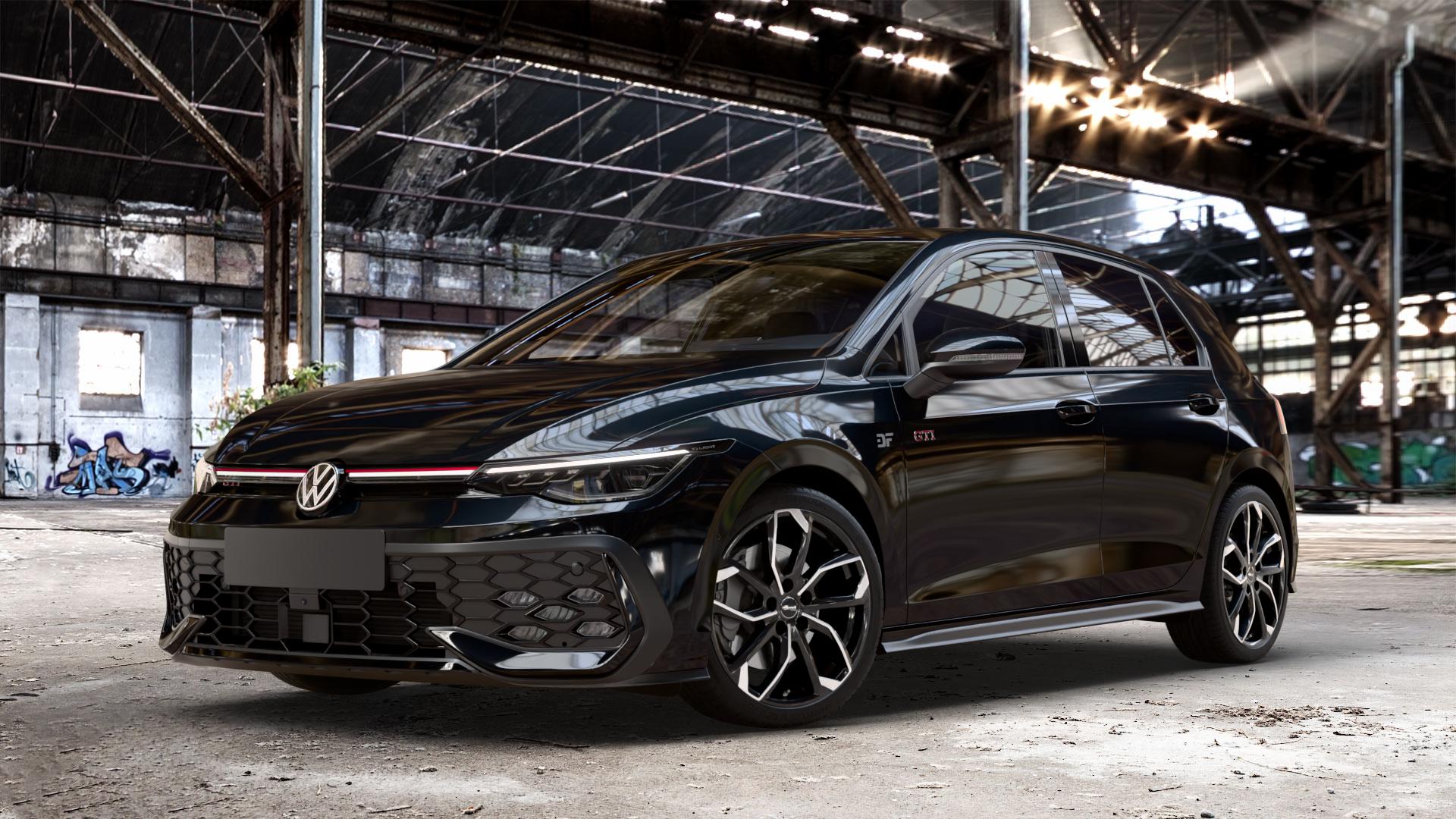 RC Design RC34 schwarz front-poliert Felge mit Reifen silber mehrfarbig in 18Zoll Alufelge auf metallic schwarzem Volkswagen (VW) Golf 8 Facelift 2,0l GTI 195kW (265 PS) ⬇️ mit 15mm Tieferlegung ⬇️ Old Industrial Hall_max_4400mm_2024 Frontansicht_1
