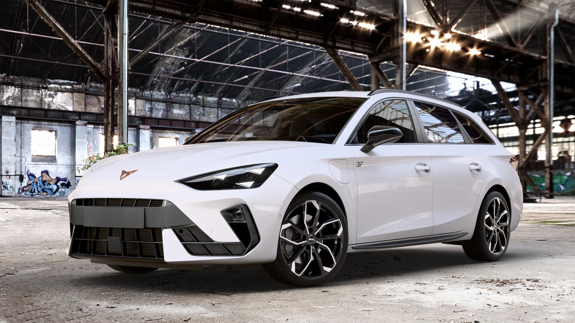 RC Design RC34 schwarz front-poliert Felge mit Reifen silber mehrfarbig in 18Zoll Alufelge auf weissem Cupra Leon Typ KL ST Facelift ⬇️ mit 15mm Tieferlegung ⬇️ Old Industrial Hall_max_4400mm_2024 Frontansicht_1