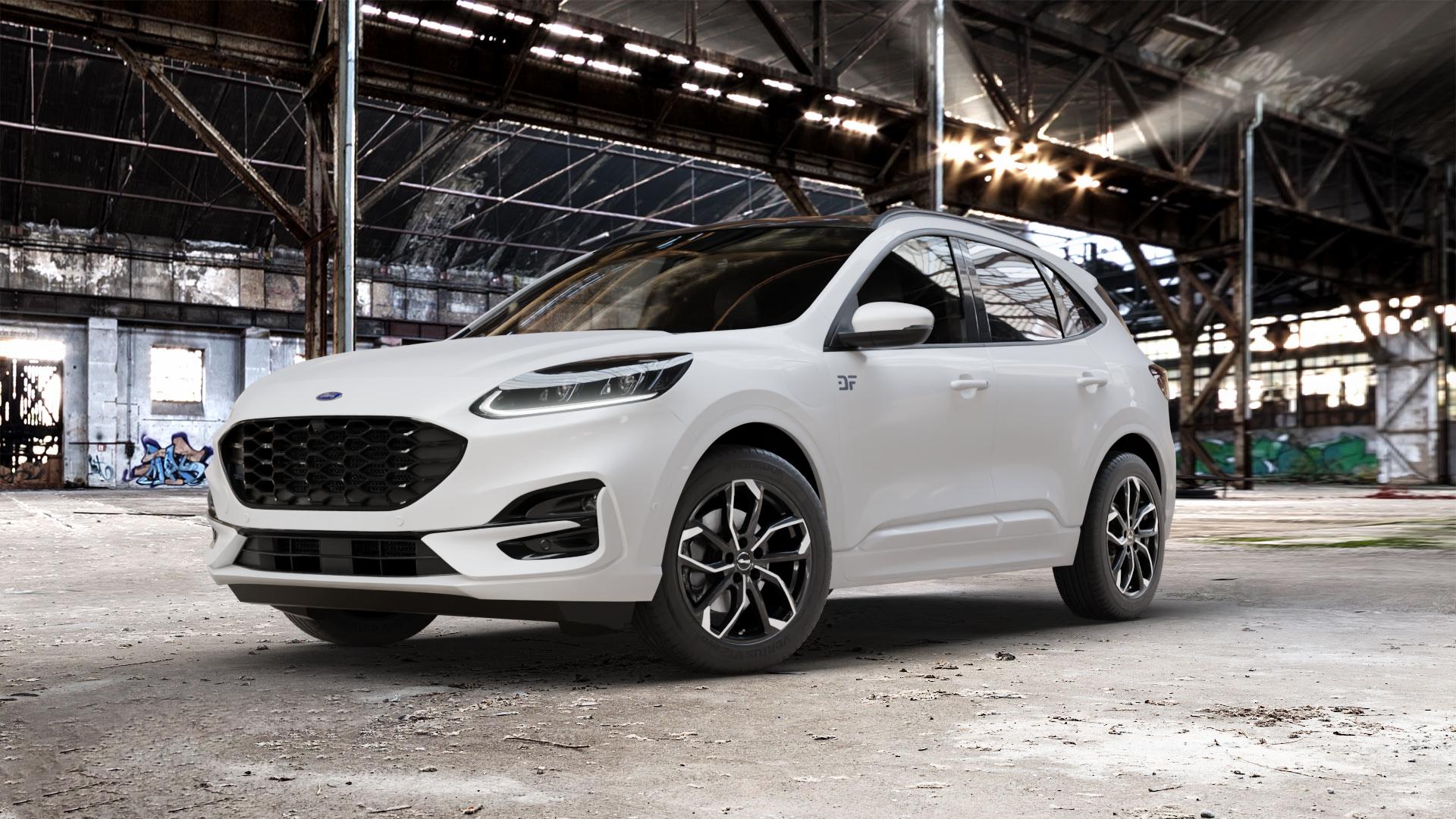 RC Design RC34 schwarz front-poliert Felge mit Reifen silber mehrfarbig in 18Zoll Alufelge auf weissem Ford Kuga III Typ DFK ⬇️ mit 15mm Tieferlegung ⬇️ Old Industrial Hall_max_5300mm_2024 Frontansicht_1