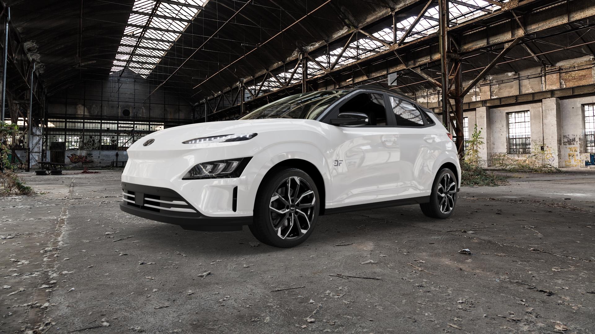 RC Design RC34 schwarz front-poliert Felge mit Reifen silber mehrfarbig in 18Zoll Alufelge auf weissem Hyundai Kona Elektro Typ OSE ⬇️ mit 15mm Tieferlegung ⬇️ Old Industrial Hall_max5000mm_2022 Frontansicht_1