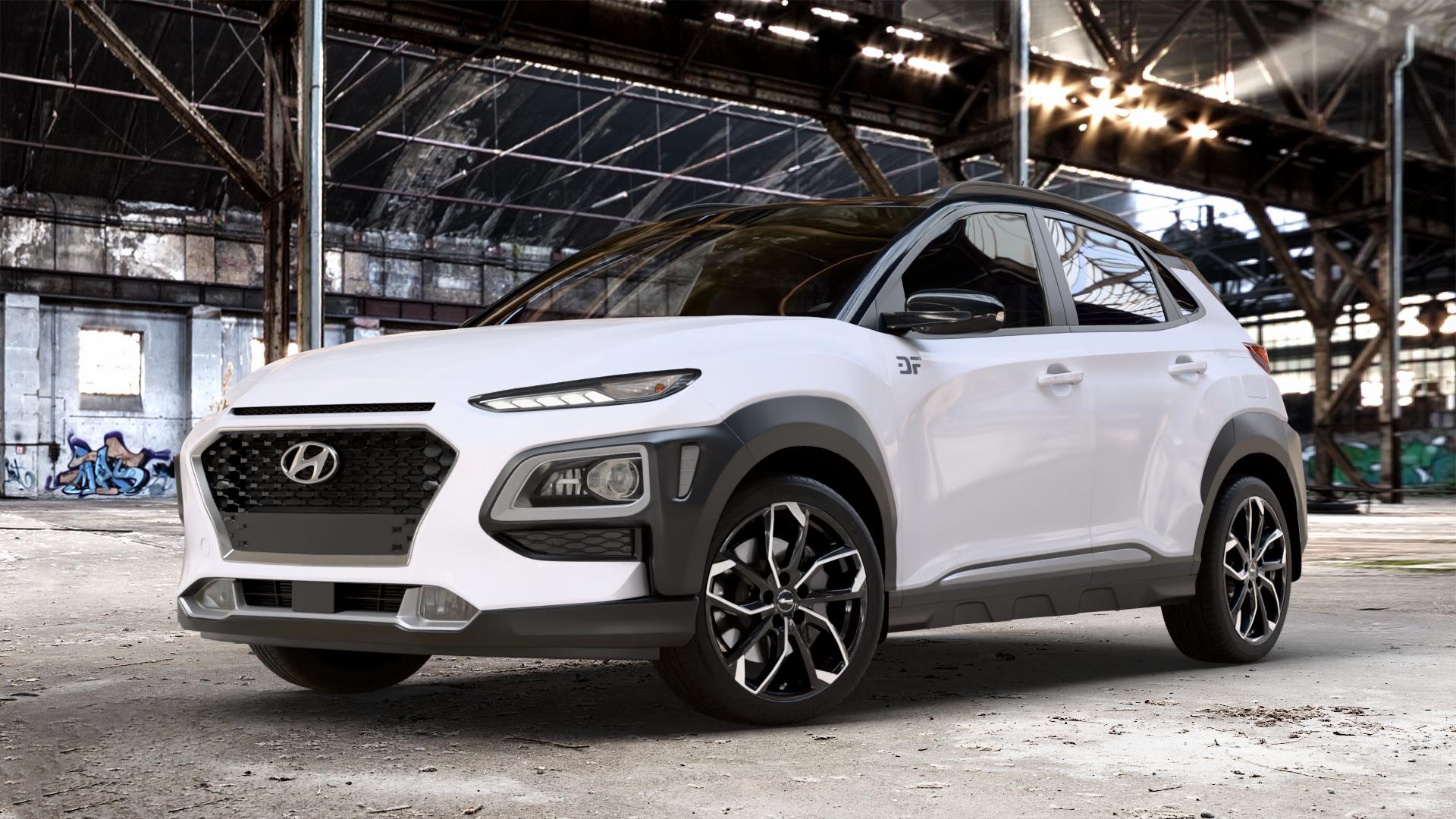 RC Design RC34 schwarz front-poliert Felge mit Reifen silber mehrfarbig in 18Zoll Alufelge auf weissem Hyundai Kona Typ OS ⬇️ mit 15mm Tieferlegung ⬇️ Old Industrial Hall_max_4400mm_2024 Frontansicht_1