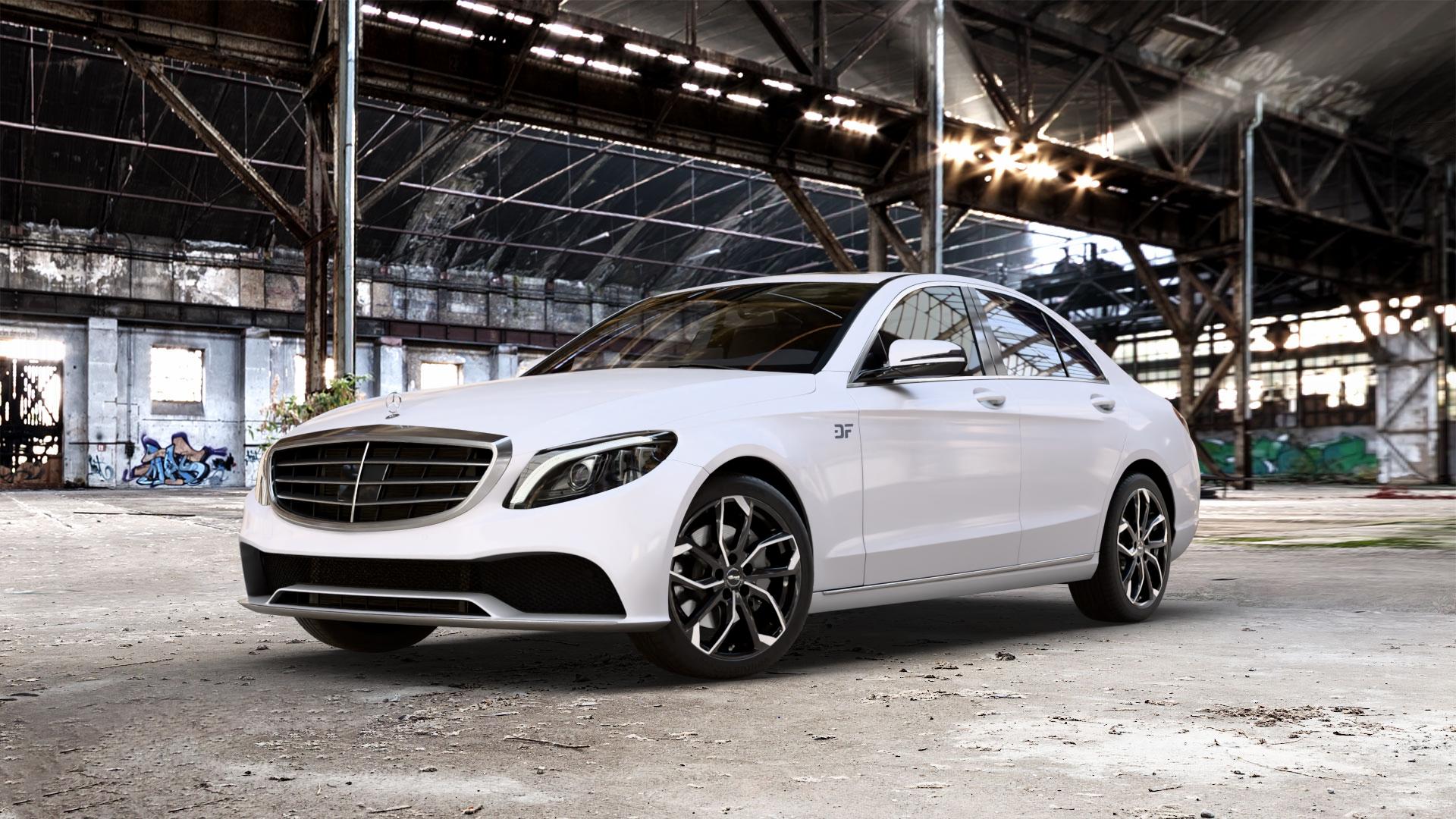 RC Design RC34 schwarz front-poliert Felge mit Reifen silber mehrfarbig in 18Zoll Alufelge auf weissem Mercedes C-Klasse Typ W205 Limousine Facelift ⬇️ mit 15mm Tieferlegung ⬇️ Old Industrial Hall_max_5300mm_2024 Frontansicht_1