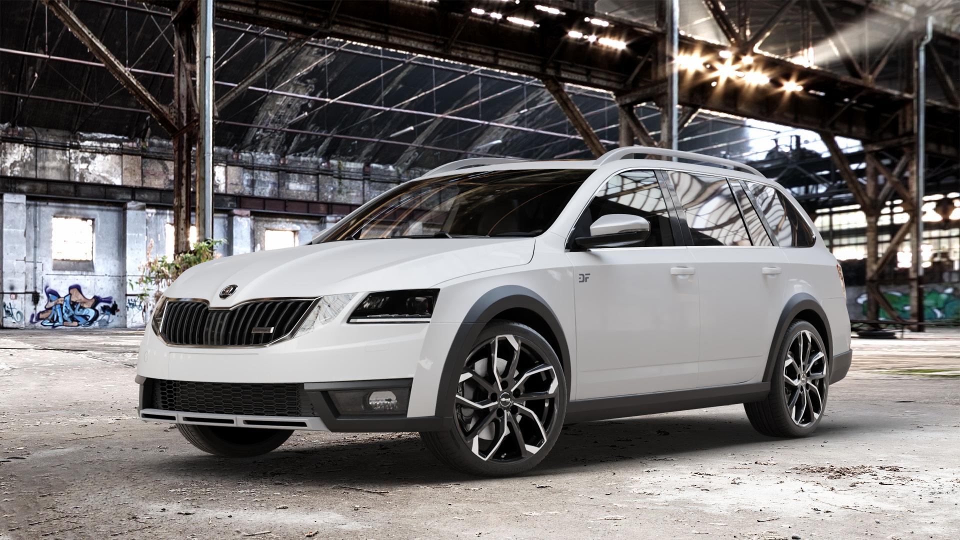 RC Design RC34 schwarz front-poliert Felge mit Reifen silber mehrfarbig in 18Zoll Alufelge auf weissem Skoda Octavia III Scout Typ 5E Facelift ⬇️ mit 15mm Tieferlegung ⬇️ Old Industrial Hall_max_4400mm_2024 Frontansicht_1