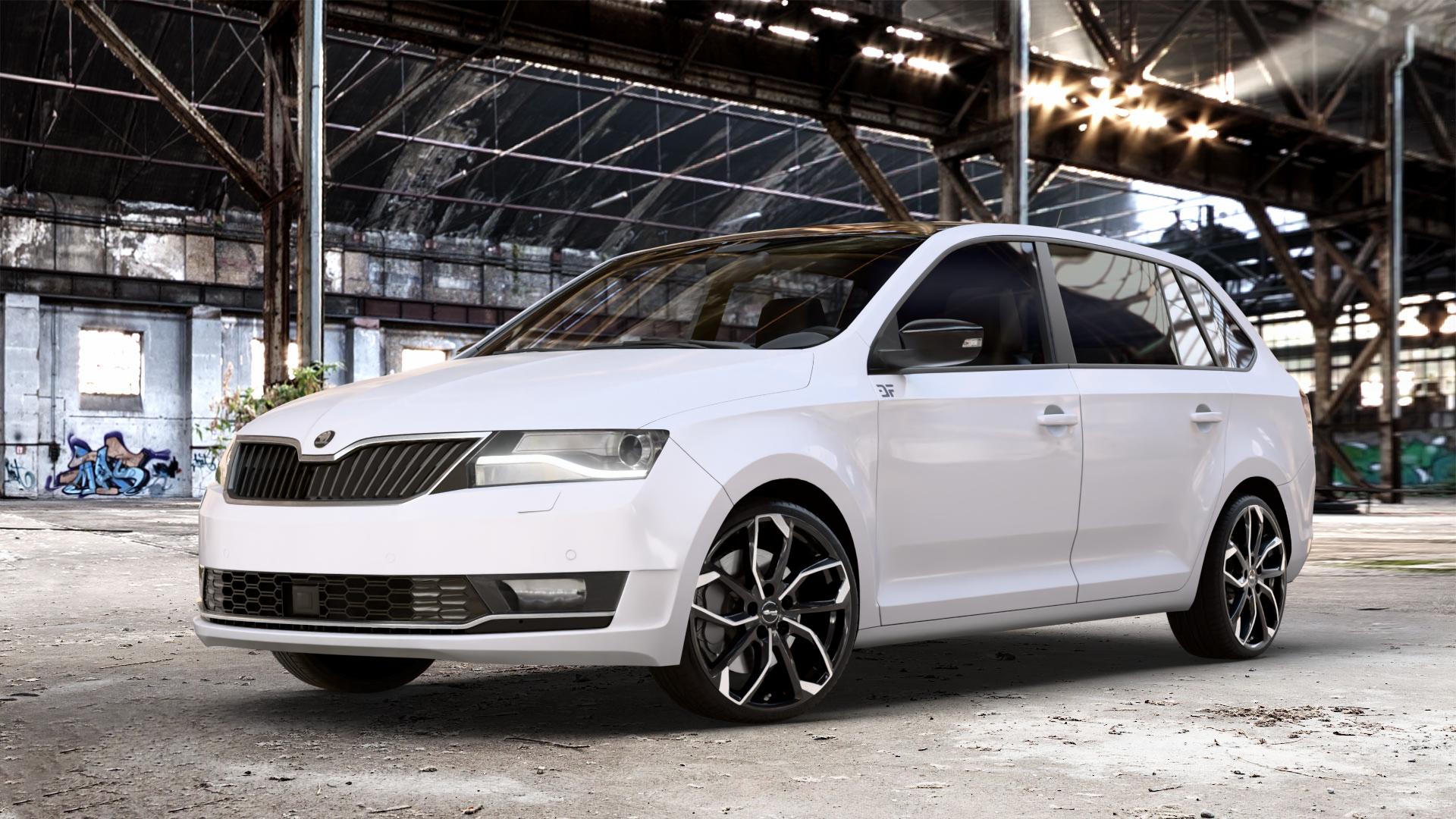 RC Design RC34 schwarz front-poliert Felge mit Reifen silber mehrfarbig in 18Zoll Alufelge auf weissem Skoda Rapid Spaceback Typ NH Facelift ⬇️ mit 15mm Tieferlegung ⬇️ Old Industrial Hall_max_4400mm_2024 Frontansicht_1