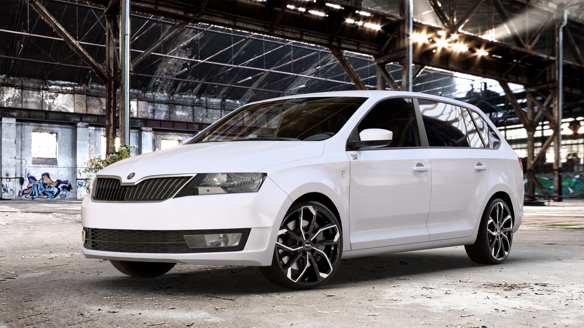 RC Design RC34 schwarz front-poliert Felge mit Reifen silber mehrfarbig in 18Zoll Alufelge auf weissem Skoda Rapid Spaceback Typ NH ⬇️ mit 15mm Tieferlegung ⬇️ Old Industrial Hall_max_4400mm_2024 Frontansicht_1