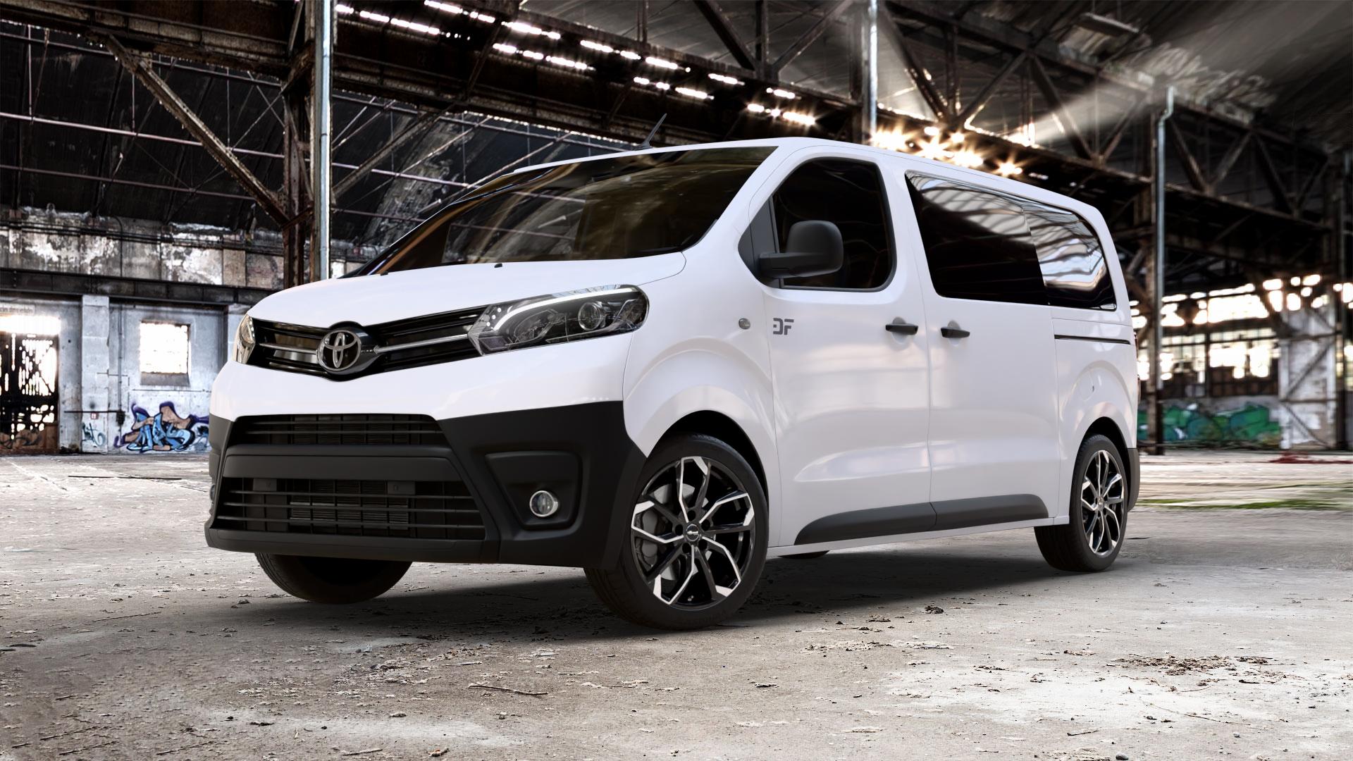 RC Design RC34 schwarz front-poliert Felge mit Reifen silber mehrfarbig in 18Zoll Alufelge auf weissem Toyota Proace II Verso Typ V ⬇️ mit 15mm Tieferlegung ⬇️ Old Industrial Hall_max_5300mm_2024 Frontansicht_1