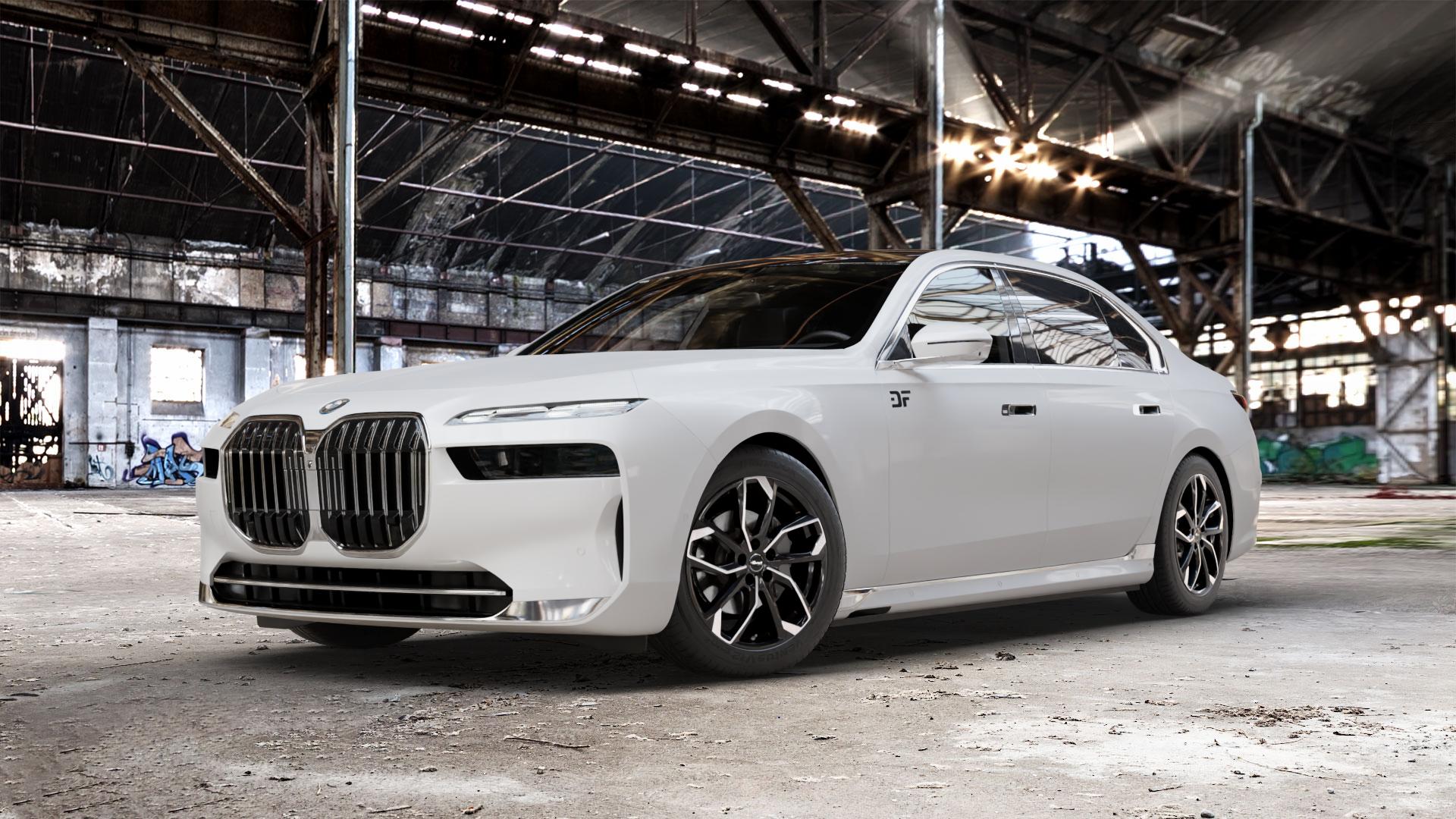 RC Design RC34 schwarz front-poliert Felge mit Reifen silber mehrfarbig in 19Zoll Alufelge auf weissem BMW 7er G70 Limousine (G7L) ⬇️ mit 15mm Tieferlegung ⬇️ Old Industrial Hall_max_5300mm_2024 Frontansicht_1