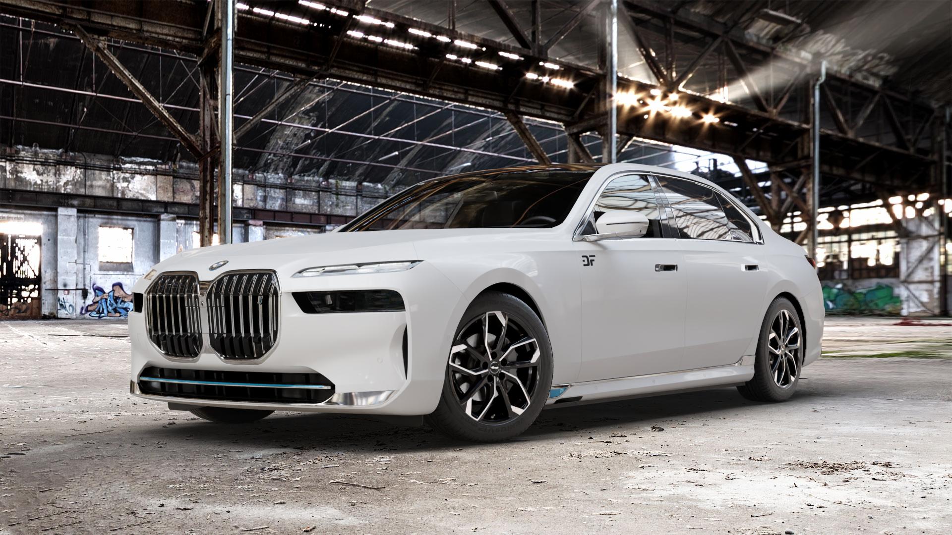 RC Design RC34 schwarz front-poliert Felge mit Reifen silber mehrfarbig in 19Zoll Alufelge auf weissem BMW i7 Typ G70 ⬇️ mit 15mm Tieferlegung ⬇️ Old Industrial Hall_max_5300mm_2024 Frontansicht_1