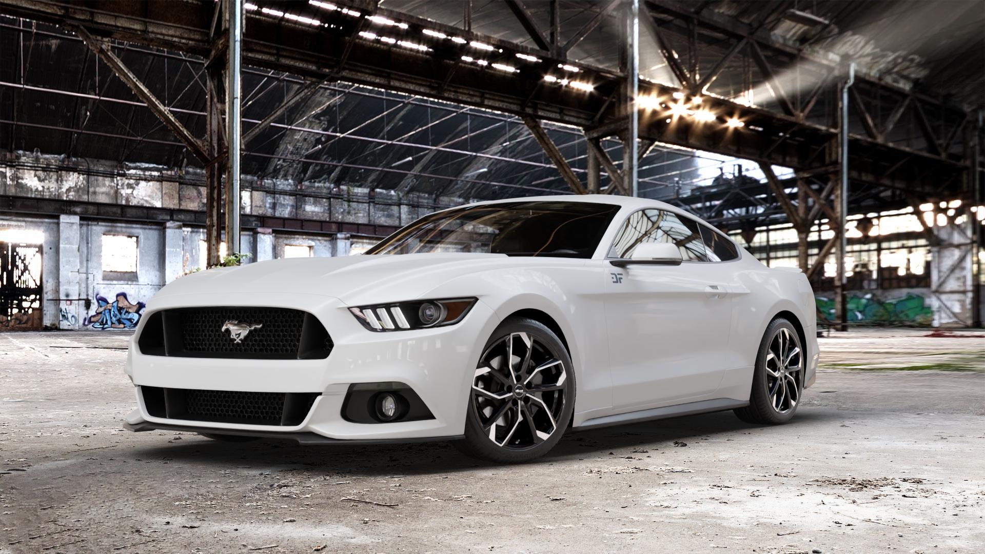 RC Design RC34 schwarz front-poliert Felge mit Reifen silber mehrfarbig in 19Zoll Alufelge auf weissem Ford Mustang VI Coupe Typ LAE Cabrio ⬇️ mit 15mm Tieferlegung ⬇️ Old Industrial Hall_max_5300mm_2024 Frontansicht_1