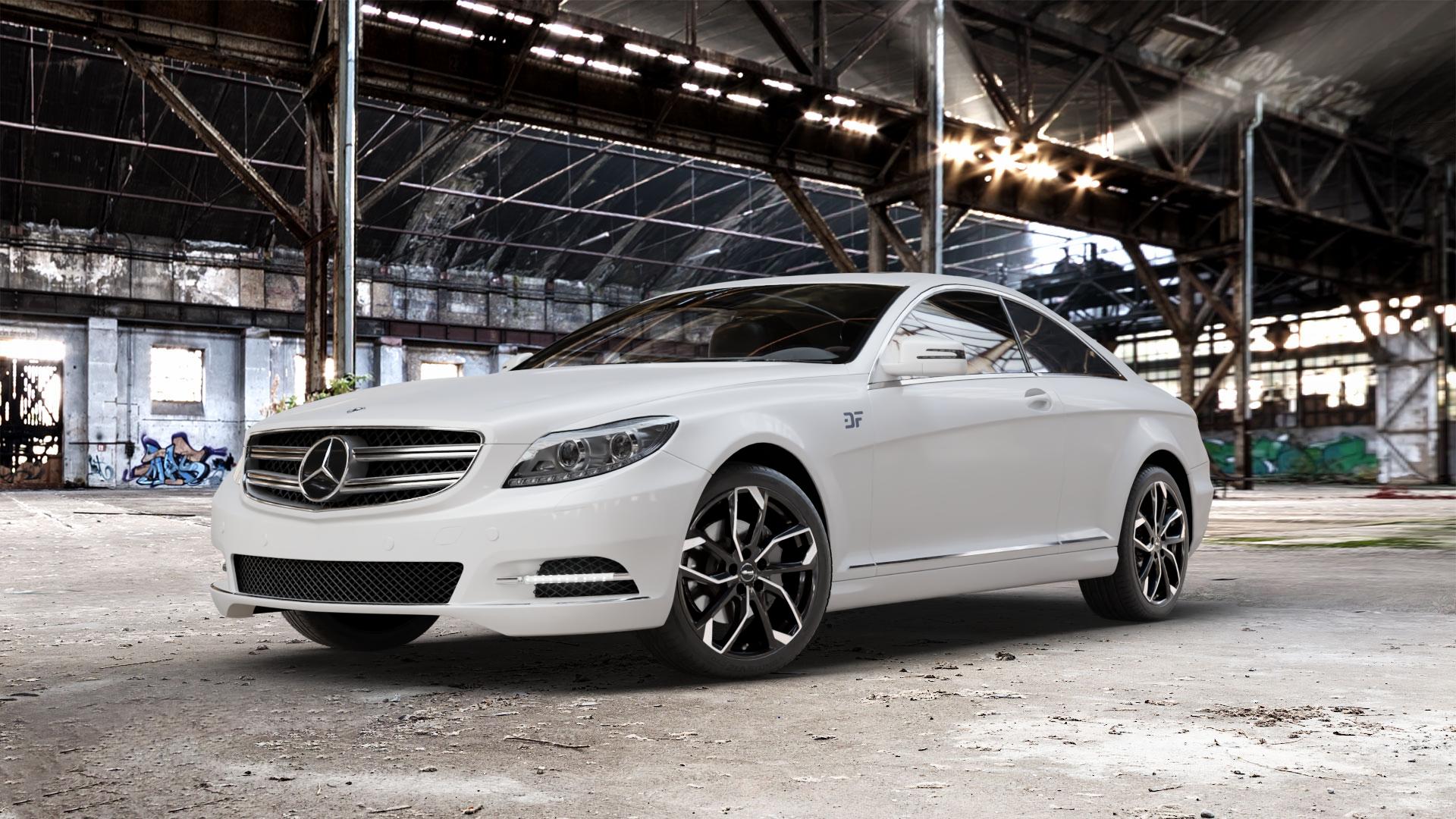 RC Design RC34 schwarz front-poliert Felge mit Reifen silber mehrfarbig in 19Zoll Alufelge auf weissem Mercedes CL-Klasse Typ C216 ⬇️ mit 15mm Tieferlegung ⬇️ Old Industrial Hall_max_5300mm_2024 Frontansicht_1
