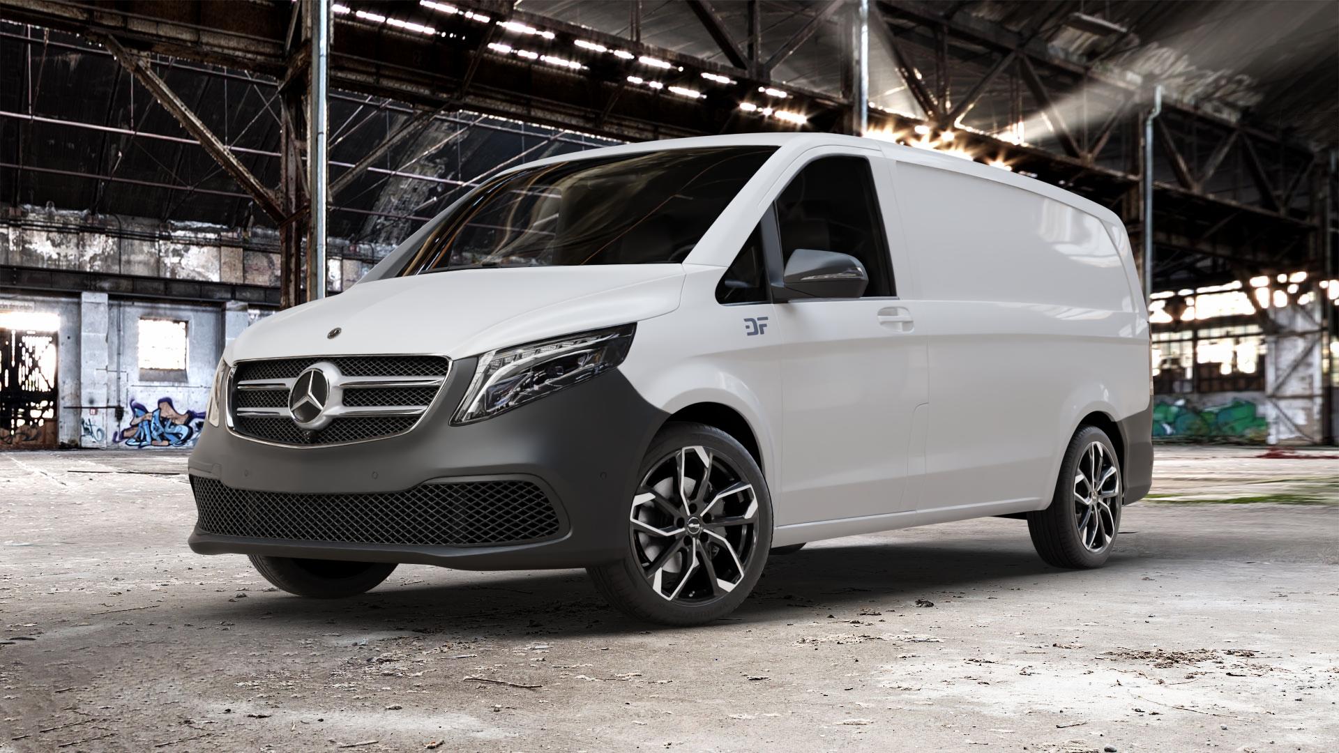 RC Design RC34 schwarz front-poliert Felge mit Reifen silber mehrfarbig in 19Zoll Alufelge auf weissem Mercedes Vito Kasten Typ W447 Facelift ⬇️ mit 15mm Tieferlegung ⬇️ Old Industrial Hall_max_5300mm_2024 Frontansicht_1
