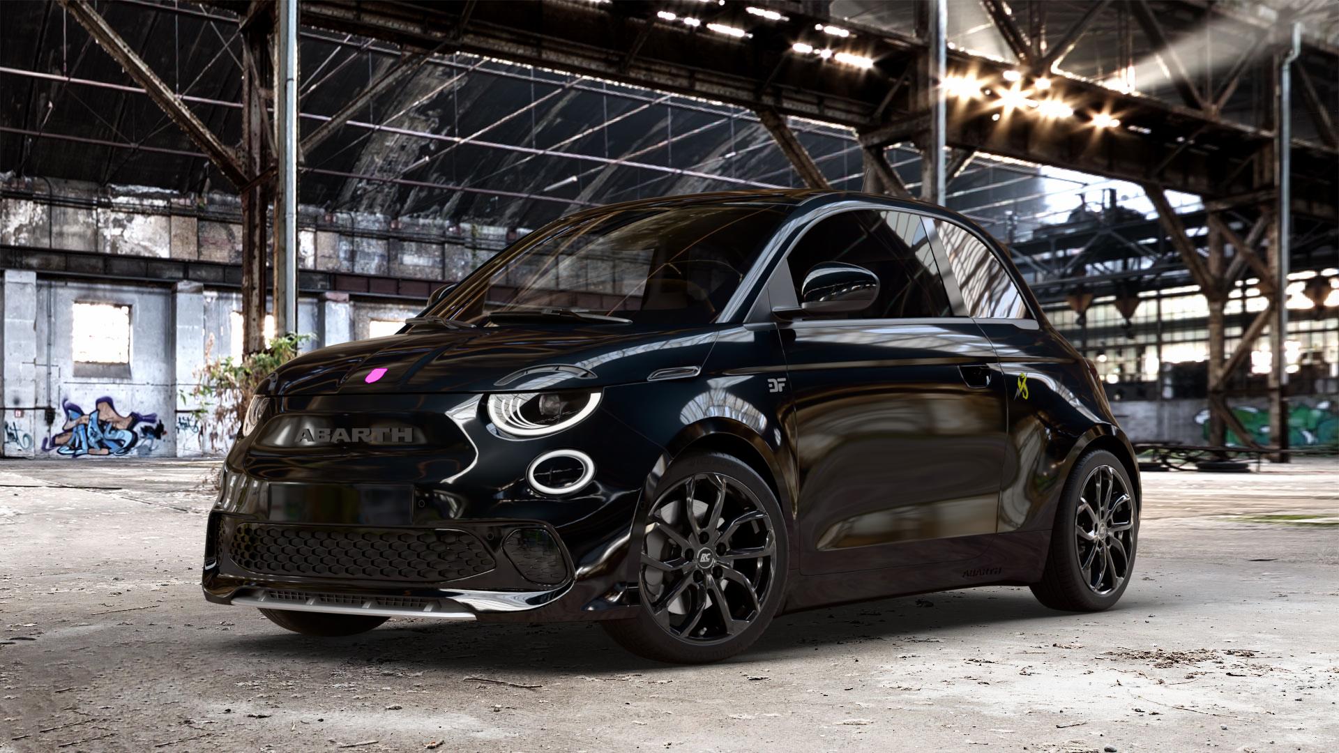 RC Design RC34 schwarz lackiert Felge mit Reifen in 17Zoll Winterfelge Alufelge auf schwarzem Fiat 500e Abarth Typ FA1 ⬇️ mit 15mm Tieferlegung ⬇️ Old Industrial Hall_max_4400mm_2024 Frontansicht_1