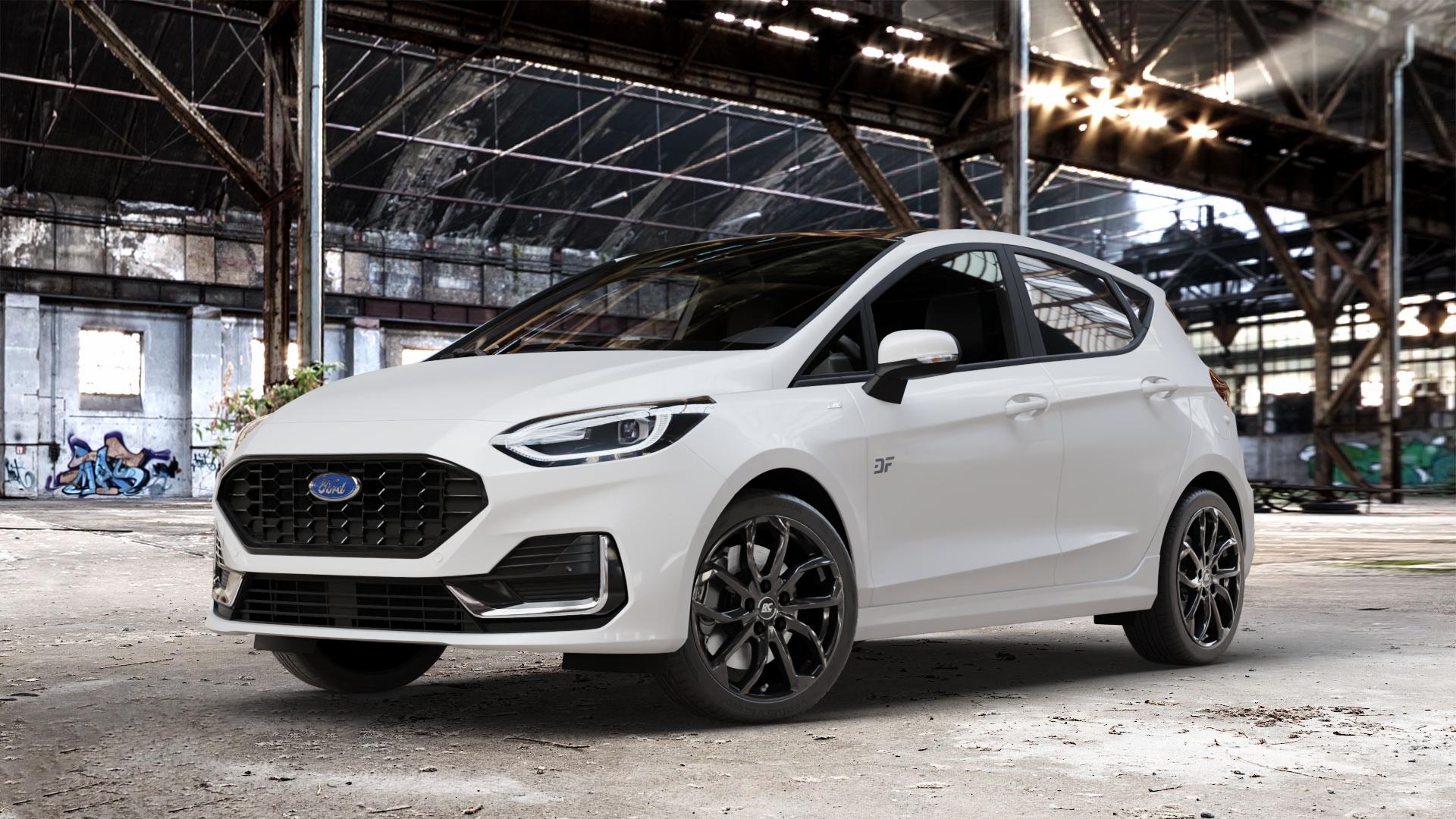 RC Design RC34 schwarz lackiert Felge mit Reifen in 17Zoll Winterfelge Alufelge auf weissem Ford Fiesta VII Typ JHH Facelift 1,0l EcoBoost 74kW (101 PS) 92kW (125 Mild-Hybrid 114kW (155 1,1l 55kW (75 ⬇️ mit 15mm Tieferlegung ⬇️ Old Industrial Hall_max_4400mm_2024 Frontansicht_1