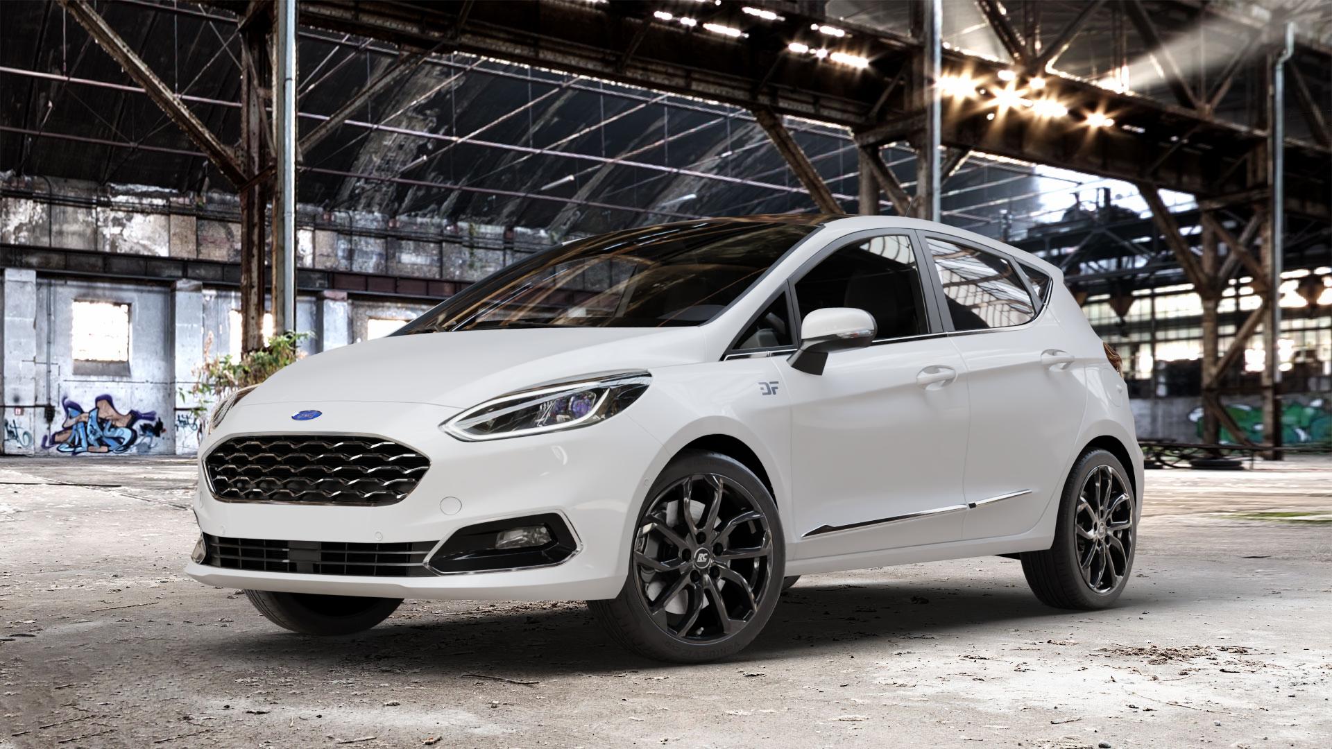RC Design RC34 schwarz lackiert Felge mit Reifen in 17Zoll Winterfelge Alufelge auf weissem Ford Fiesta VII Typ JHH ⬇️ mit 15mm Tieferlegung ⬇️ Old Industrial Hall_max_4400mm_2024 Frontansicht_1