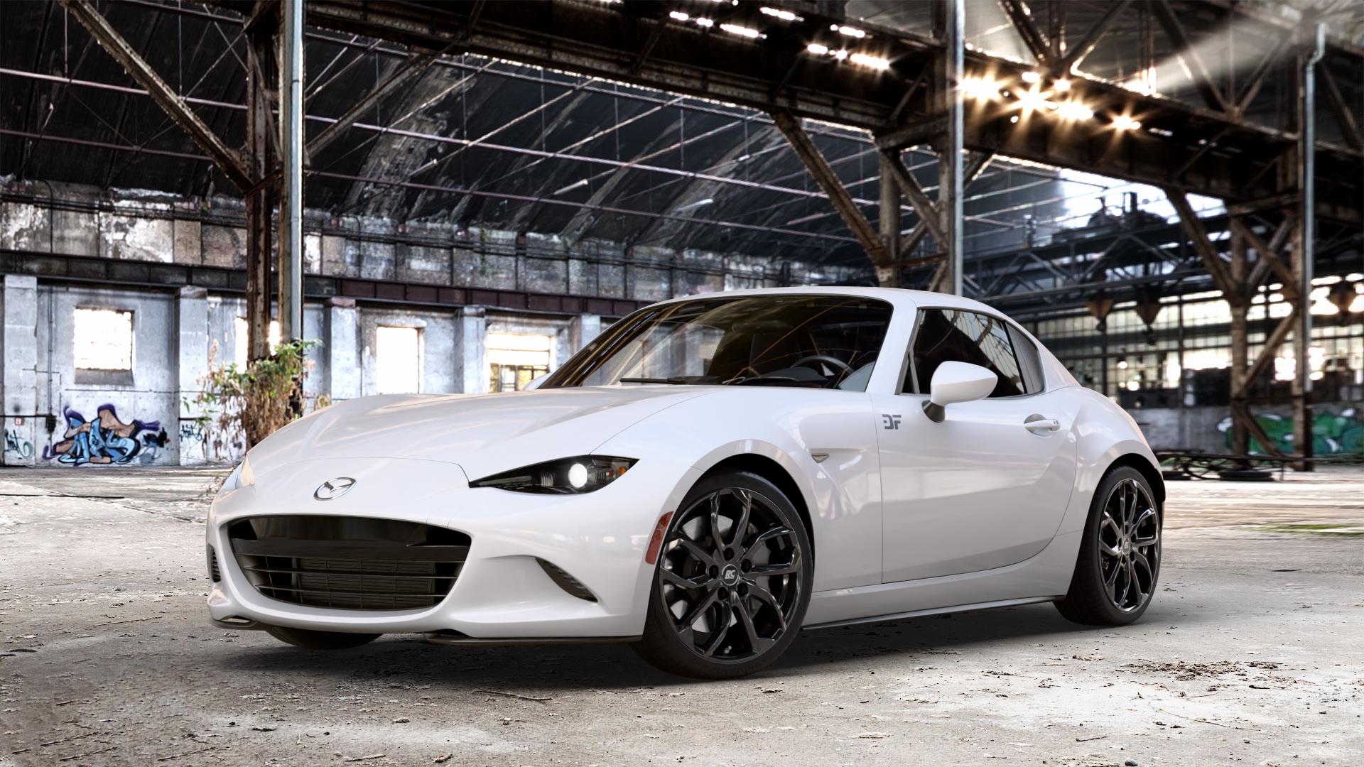 RC Design RC34 schwarz lackiert Felge mit Reifen in 17Zoll Winterfelge Alufelge auf weissem Mazda MX-5 IV RF (ND) ⬇️ mit 15mm Tieferlegung ⬇️ Old Industrial Hall_max_4400mm_2024 Frontansicht_1