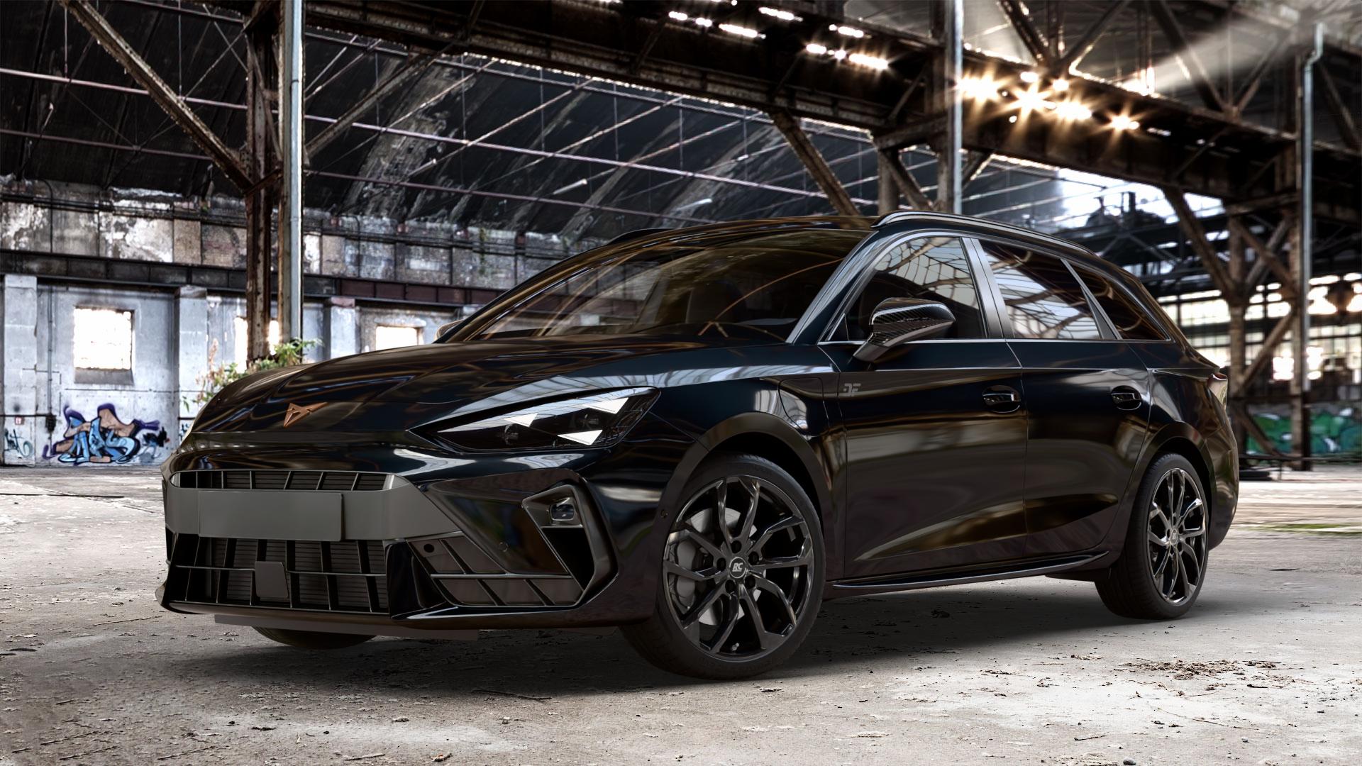 RC Design RC34 schwarz lackiert Felge mit Reifen in 18Zoll Winterfelge Alufelge auf metallic schwarzem Cupra Leon Typ KL ST Facelift ⬇️ mit 15mm Tieferlegung ⬇️ Old Industrial Hall_max_4400mm_2024 Frontansicht_1