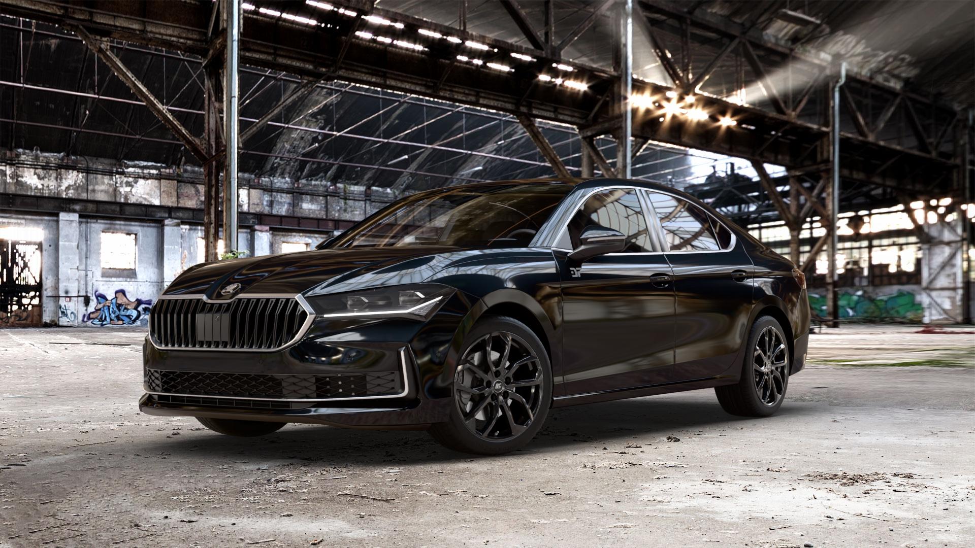RC Design RC34 schwarz lackiert Felge mit Reifen in 18Zoll Winterfelge Alufelge auf schwarzem metallic Skoda Superb IV Typ NZ ⬇️ mit 15mm Tieferlegung ⬇️ Old Industrial Hall_max_5300mm_2024 Frontansicht_1