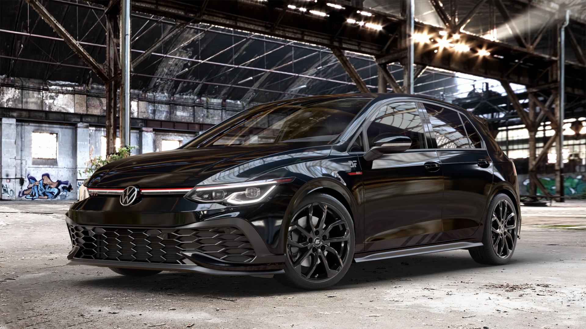 RC Design RC34 schwarz lackiert Felge mit Reifen in 18Zoll Winterfelge Alufelge auf schwarzem metallic Volkswagen (VW) Golf 8 2,0l GTI Clubsport 221kW (300 PS) ⬇️ mit 15mm Tieferlegung ⬇️ Old Industrial Hall_max_4400mm_2024 Frontansicht_1