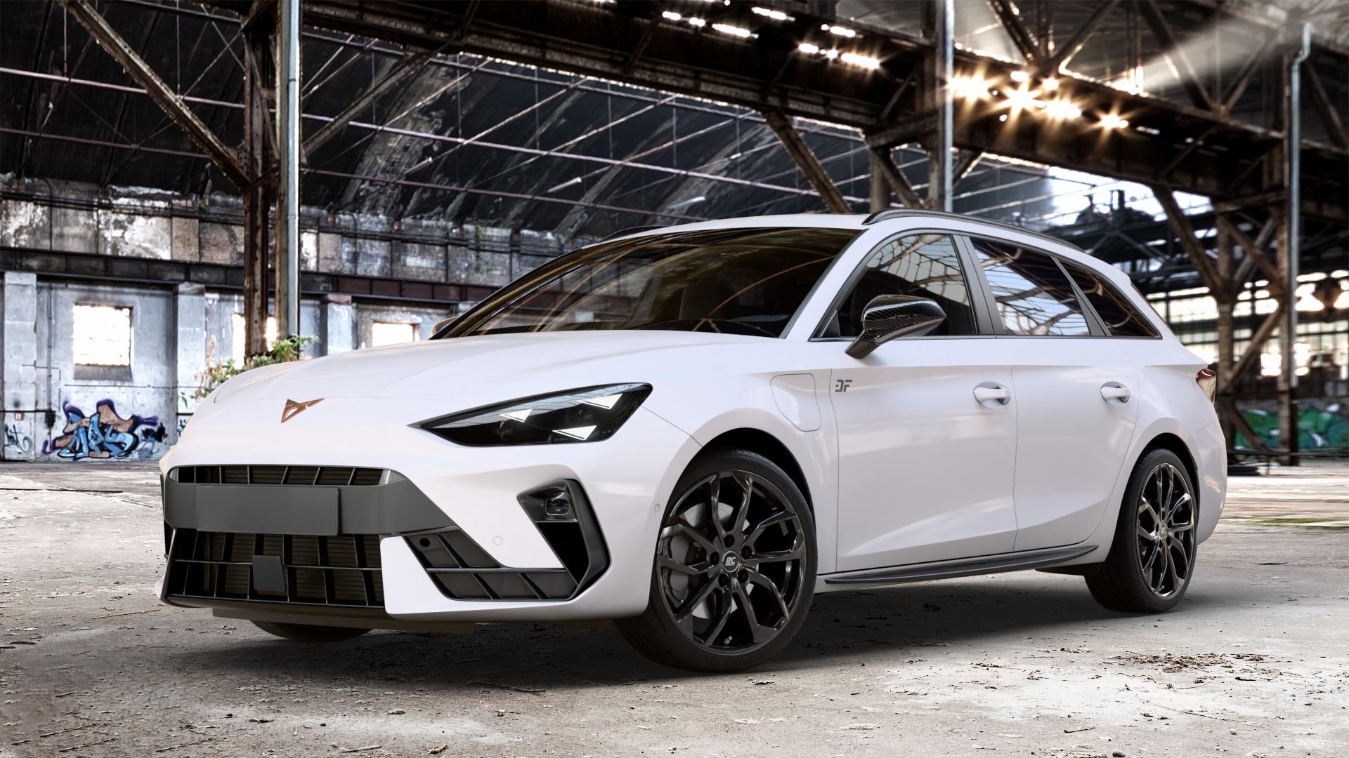 RC Design RC34 schwarz lackiert Felge mit Reifen in 18Zoll Winterfelge Alufelge auf weissem Cupra Leon Typ KL ST Facelift ⬇️ mit 15mm Tieferlegung ⬇️ Old Industrial Hall_max_4400mm_2024 Frontansicht_1
