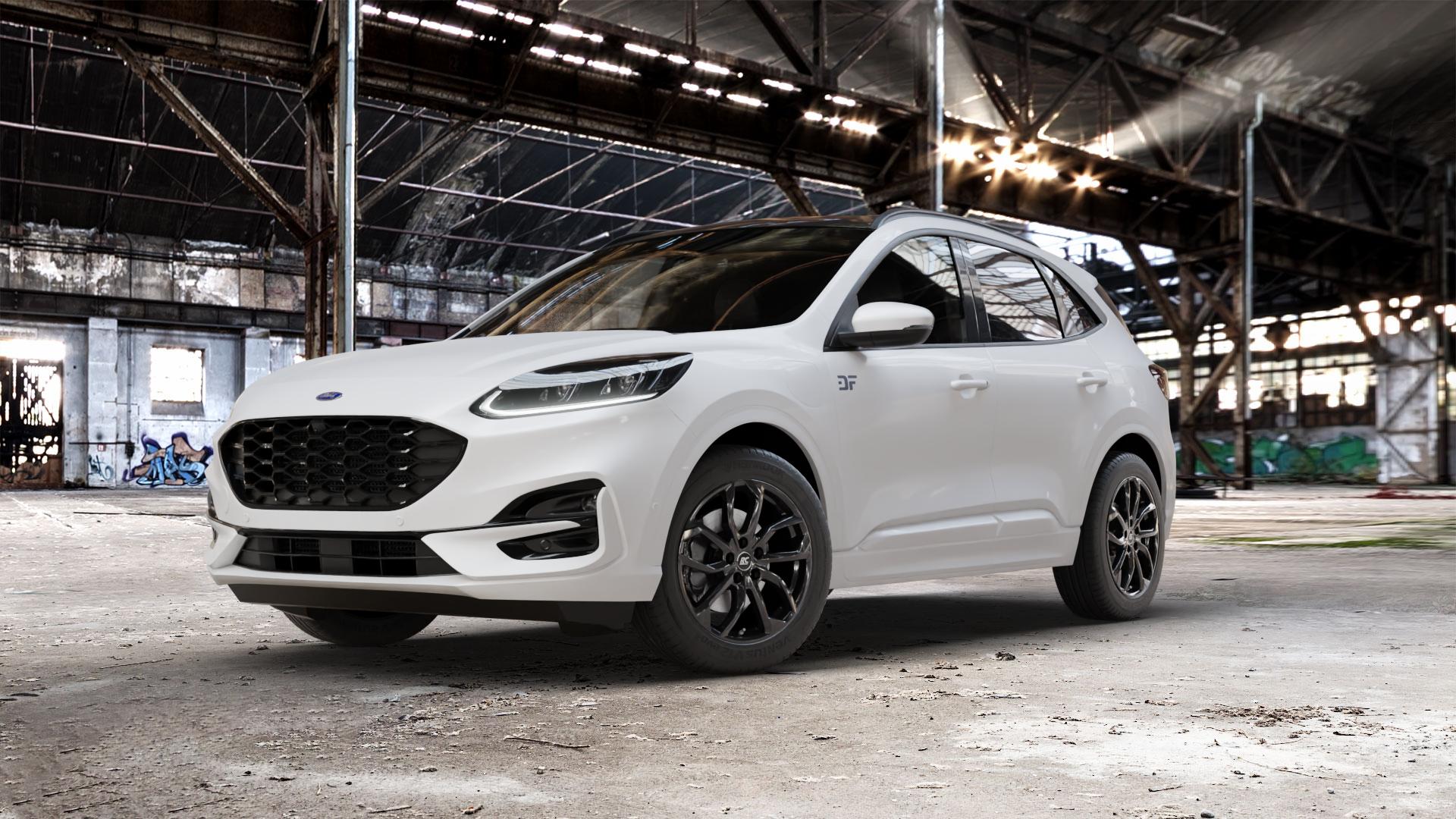 RC Design RC34 schwarz lackiert Felge mit Reifen in 18Zoll Winterfelge Alufelge auf weissem Ford Kuga III Typ DFK ⬇️ mit 15mm Tieferlegung ⬇️ Old Industrial Hall_max_5300mm_2024 Frontansicht_1