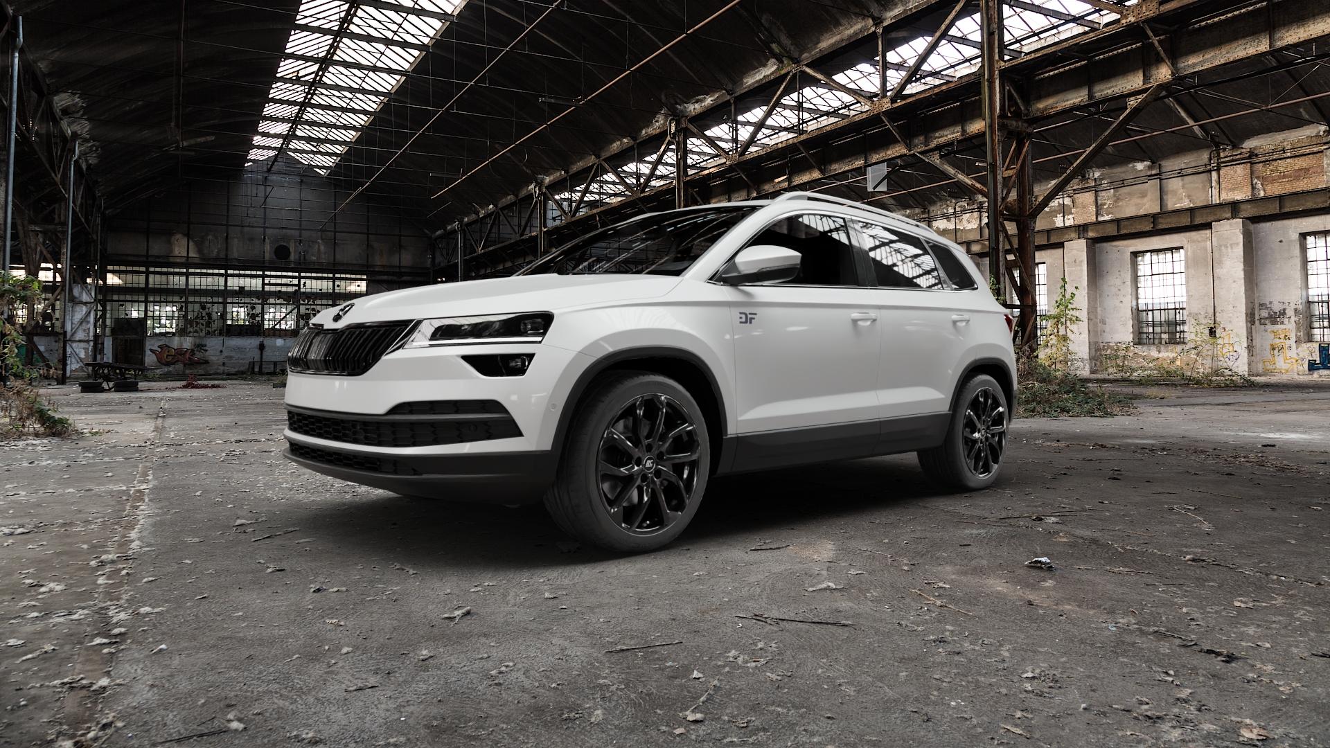 RC Design RC34 schwarz lackiert Felge mit Reifen in 18Zoll Winterfelge Alufelge auf weissem Skoda Karoq Typ NU Scout ⬇️ mit 15mm Tieferlegung ⬇️ Old Industrial Hall_max5000mm_2022 Frontansicht_1