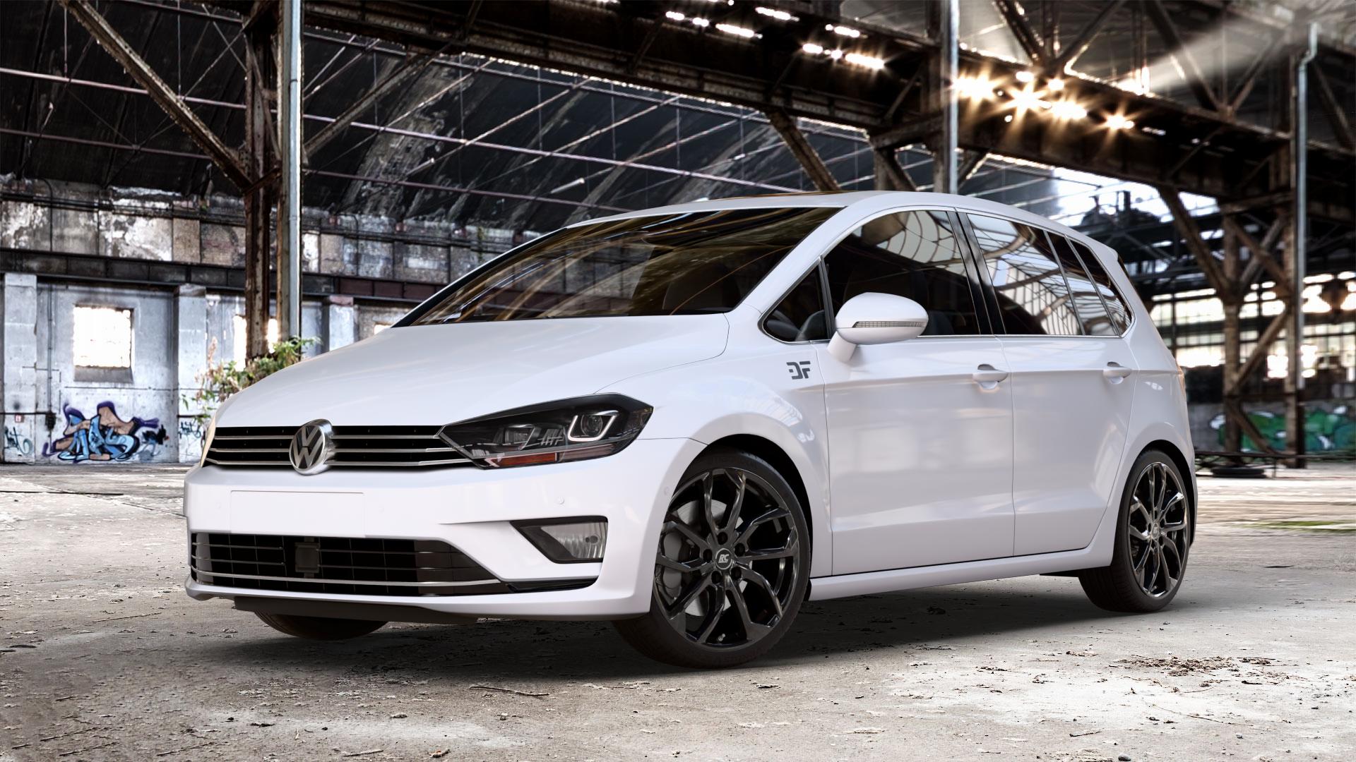 RC Design RC34 schwarz lackiert Felge mit Reifen in 18Zoll Winterfelge Alufelge auf weissem Volkswagen (VW) Golf 7 Sportsvan Facelift ⬇️ mit 15mm Tieferlegung ⬇️ Old Industrial Hall_max_4400mm_2024 Frontansicht_1