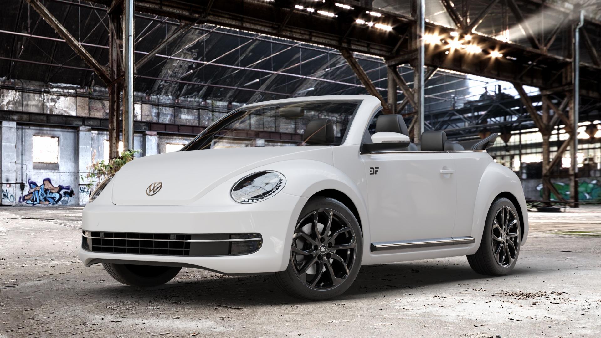 RC Design RC34 schwarz lackiert Felge mit Reifen in 18Zoll Winterfelge Alufelge auf weissem Volkswagen (VW) The Beetle Cabrio Typ 16 ⬇️ mit 15mm Tieferlegung ⬇️ Old Industrial Hall_max_4400mm_2024 Frontansicht_1