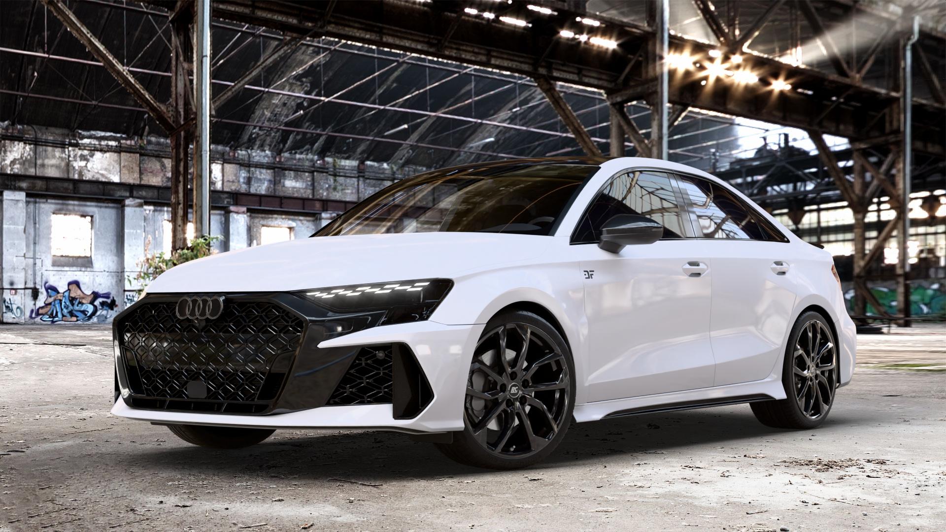 RC Design RC34 schwarz lackiert Felge mit Reifen in 19Zoll Winterfelge Alufelge auf weissem Audi A3 Typ GY (Limousine) Facelift 2,5l TFSI quattro 294kW RS3 (400 PS) 299kW (407 ⬇️ mit 15mm Tieferlegung ⬇️ Old Industrial Hall_max_4400mm_2024 Frontansicht_1