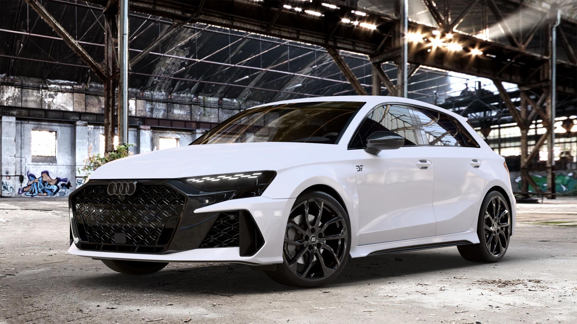RC Design RC34 schwarz lackiert Felge mit Reifen in 19Zoll Winterfelge Alufelge auf weissem Audi A3 Typ GY (Sportback) Facelift 2,5l TFSI quattro 294kW RS3 (400 PS) 299kW (407 ⬇️ mit 15mm Tieferlegung ⬇️ Old Industrial Hall_max_4400mm_2024 Frontansicht_1