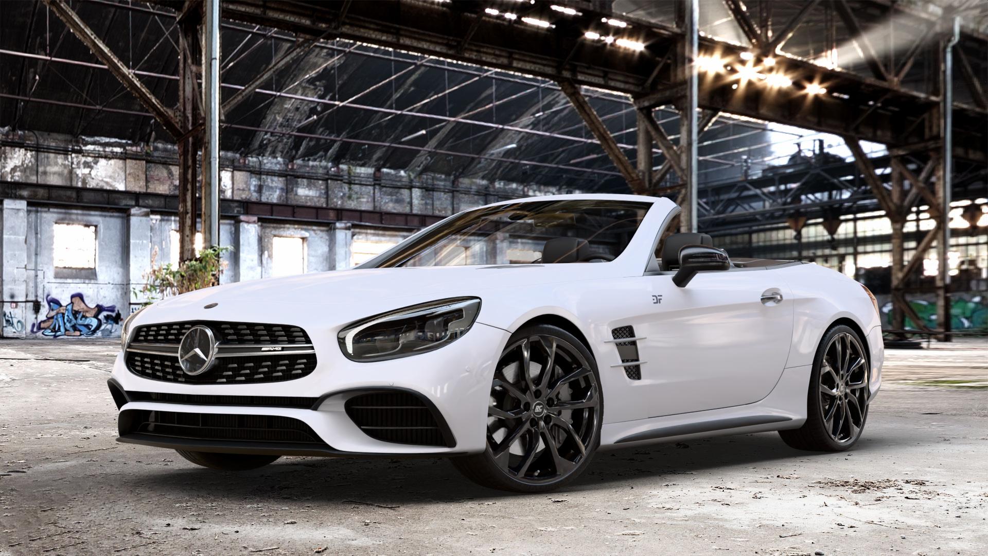 RC Design RC34 schwarz lackiert Felge mit Reifen in 20Zoll Winterfelge Alufelge auf weissem Mercedes SL Typ R231 Facelift 5,5l 63 AMG 430kW (585 PS) 6,0l 65 463kW (630 420kW (571 ⬇️ mit 15mm Tieferlegung ⬇️ Old Industrial Hall_max_4400mm_2024 Frontansicht_1
