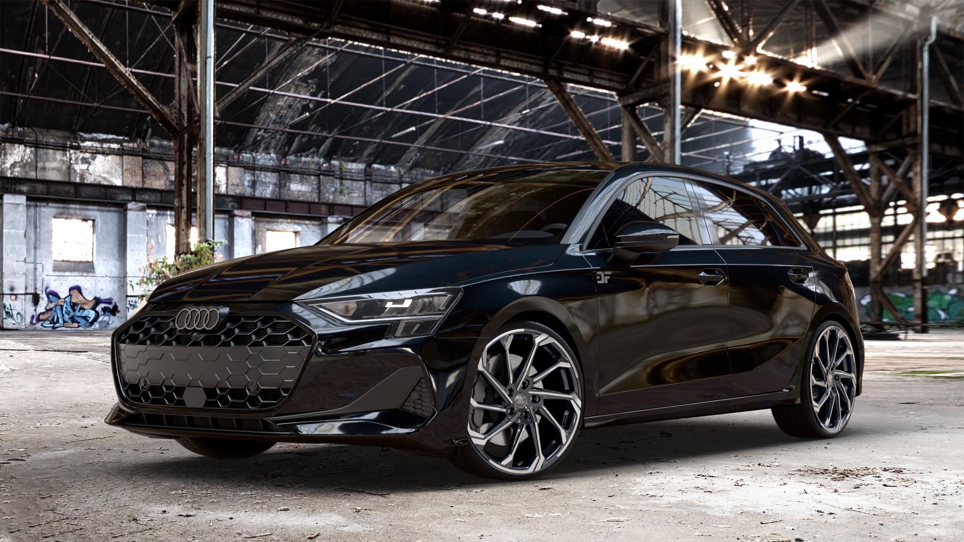 RC Design RC36 schwarz front-poliert Felge mit Reifen in 20Zoll Winterfelge Alufelge auf metallic schwarzem Audi A3 Typ GY (Sportback) Facelift 2,0l 30 TDI 85kW (116 PS) 1,5l TFSI Mild-Hybrid 35 110kW (150 PHEV 200 130kW Hybrid (177 150 ⬇️ mit 15mm Tieferlegung ⬇️ Old Industrial Hall_max_4400mm_2024 Frontansicht_1