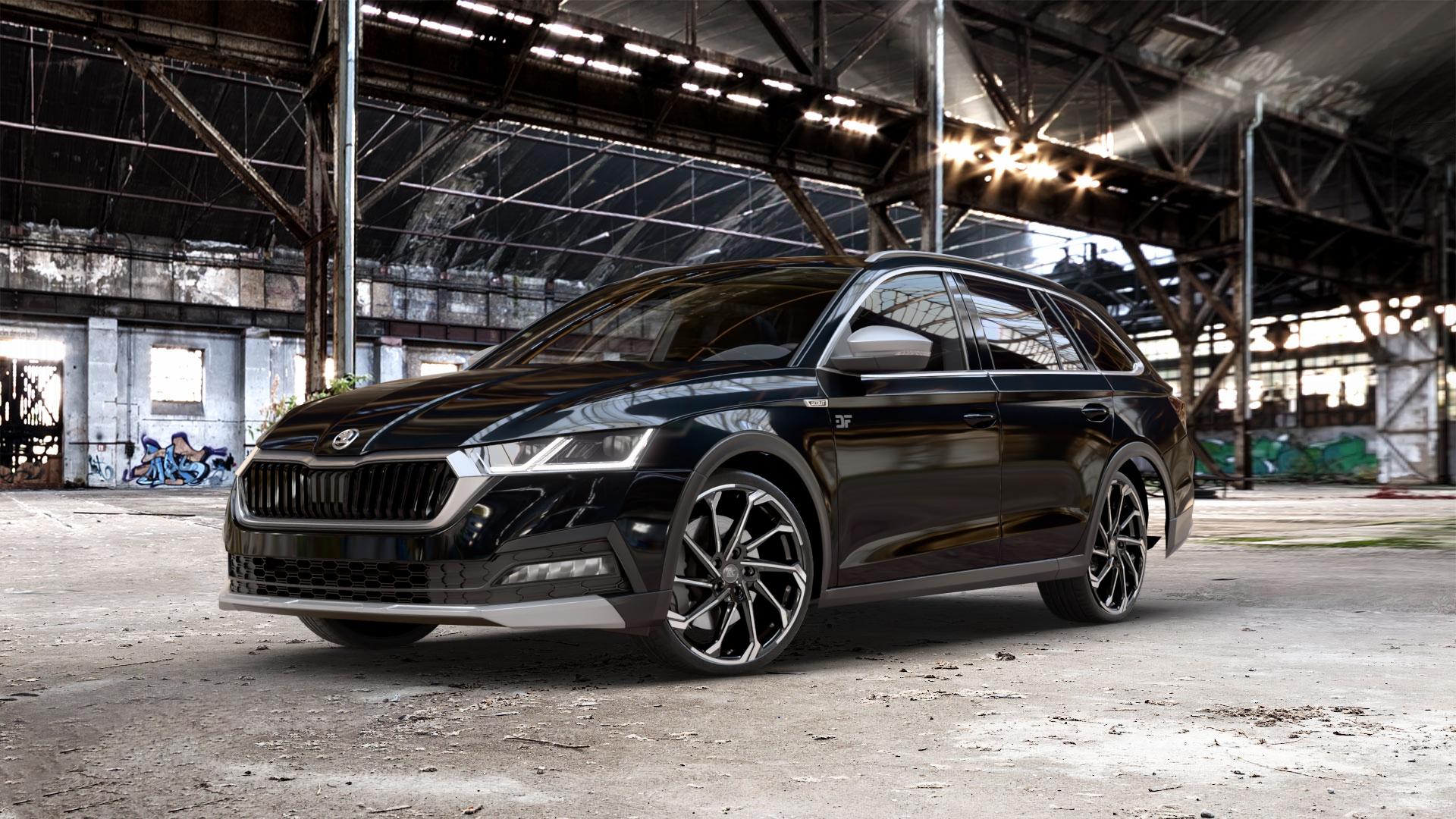 RC Design RC36 schwarz front-poliert Felge mit Reifen in 20Zoll Winterfelge Alufelge auf schwarzem metallic Skoda Octavia IV Scout Typ NX ⬇️ mit 15mm Tieferlegung ⬇️ Old Industrial Hall_max_5300mm_2024 Frontansicht_1
