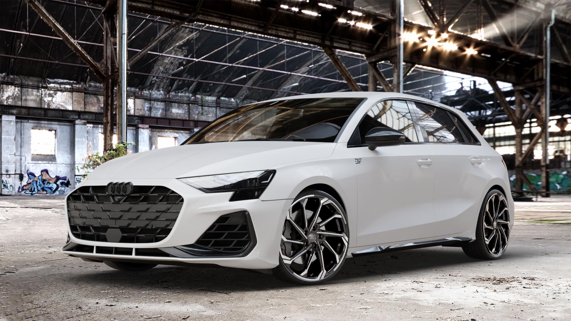 RC Design RC36 schwarz front-poliert Felge mit Reifen in 20Zoll Winterfelge Alufelge auf weissem Audi A3 Typ GY (Sportback) Facelift 2,0l TFSI quattro 245kW S3 (333 PS) ⬇️ mit 15mm Tieferlegung ⬇️ Old Industrial Hall_max_4400mm_2024 Frontansicht_1