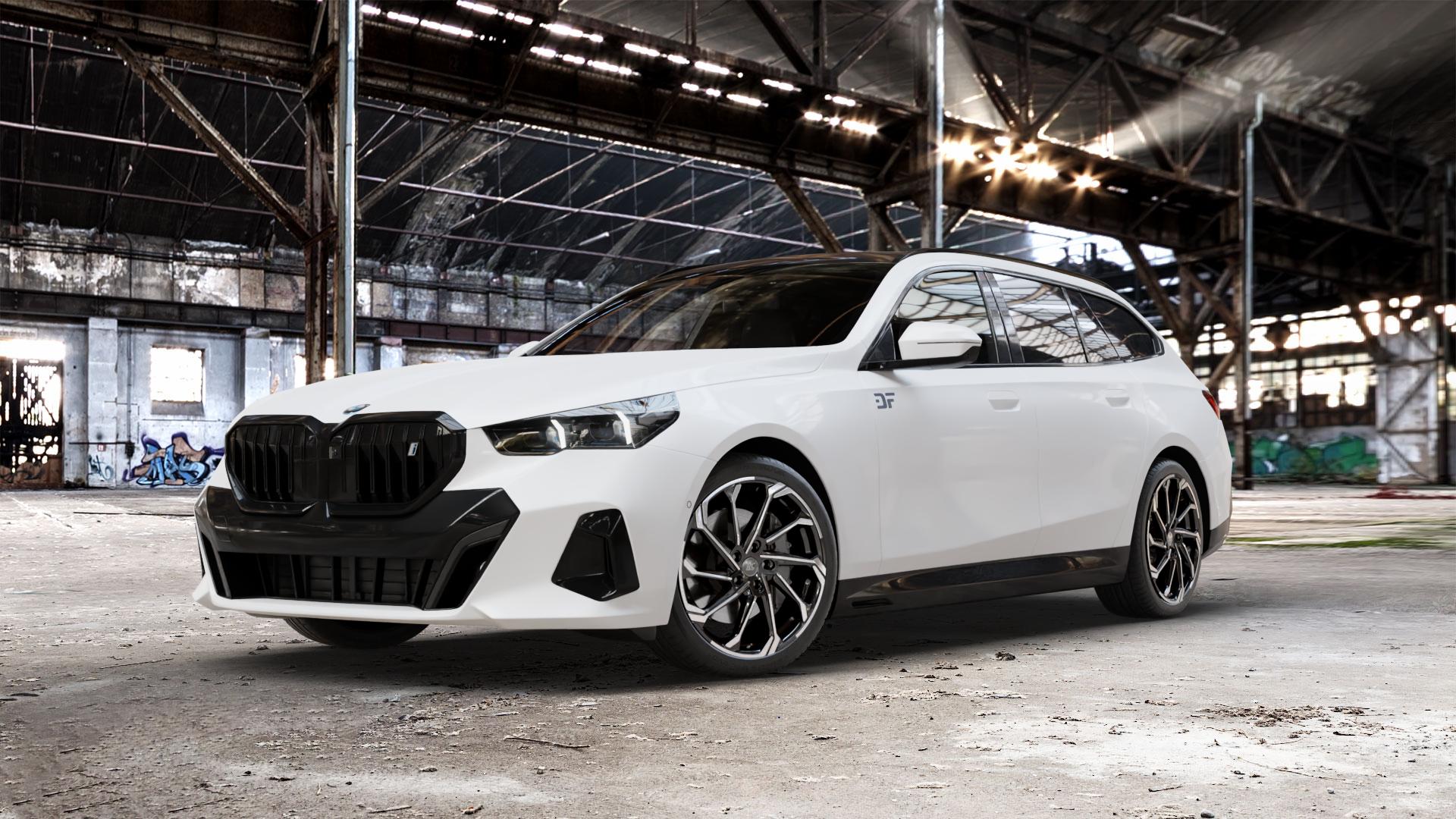 RC Design RC36 schwarz front-poliert Felge mit Reifen in 20Zoll Winterfelge Alufelge auf weissem BMW i5 Touring (G6E) 0,0l M60 xDrive 127kW (173 PS) ⬇️ mit 15mm Tieferlegung ⬇️ Old Industrial Hall_max_5300mm_2024 Frontansicht_1