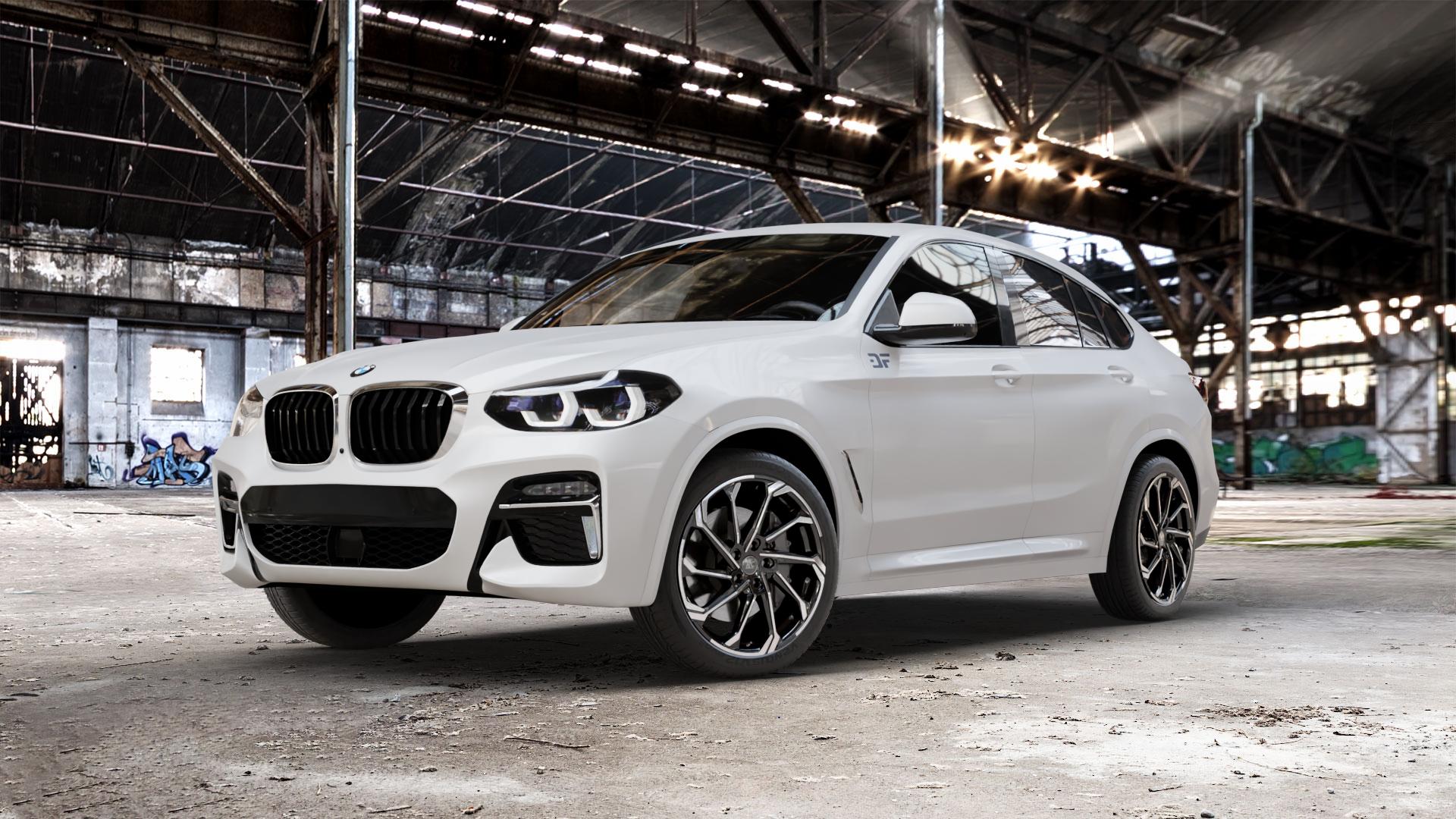 RC Design RC36 schwarz front-poliert Felge mit Reifen in 20Zoll Winterfelge Alufelge auf weissem BMW X4 Typ G02 (G4X) ⬇️ mit 15mm Tieferlegung ⬇️ Old Industrial Hall_max_5300mm_2024 Frontansicht_1