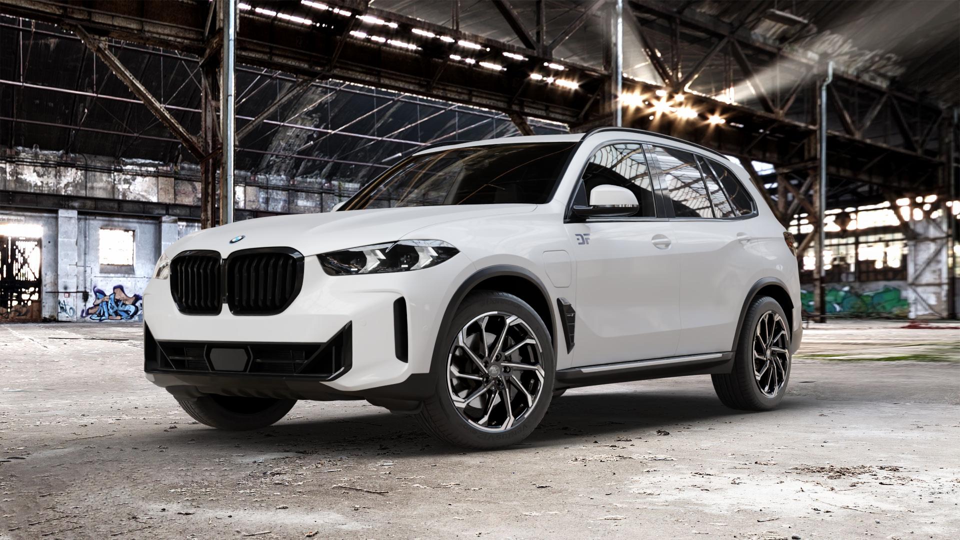 RC Design RC36 schwarz front-poliert Felge mit Reifen in 20Zoll Winterfelge Alufelge auf weissem BMW X5 Typ G05 (G5X) Facelift ⬇️ mit 15mm Tieferlegung ⬇️ Old Industrial Hall_max_5300mm_2024 Frontansicht_1