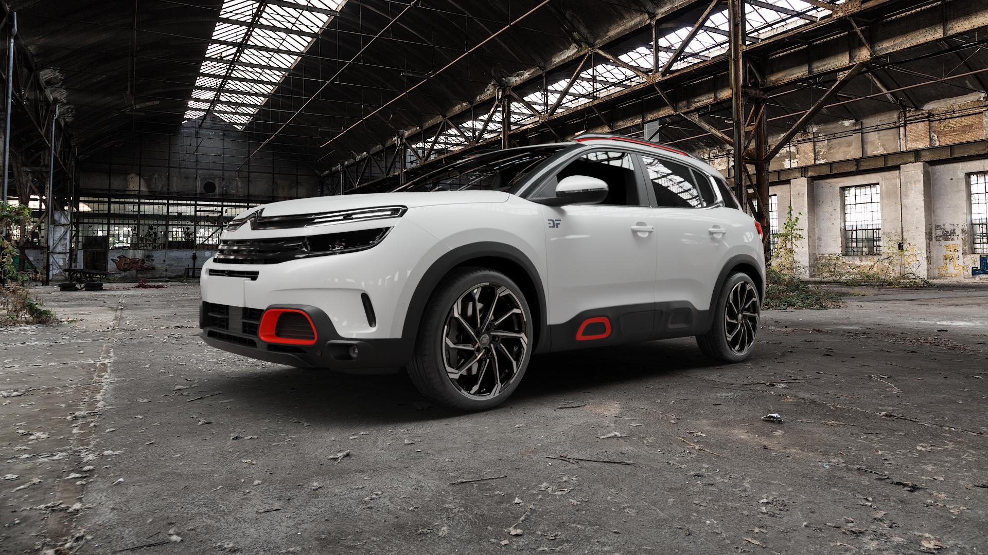 RC Design RC36 schwarz front-poliert Felge mit Reifen in 20Zoll Winterfelge Alufelge auf weissem Citroen C5 Aircross Typ A ⬇️ mit 15mm Tieferlegung ⬇️ Old Industrial Hall_max5000mm_2022 Frontansicht_1