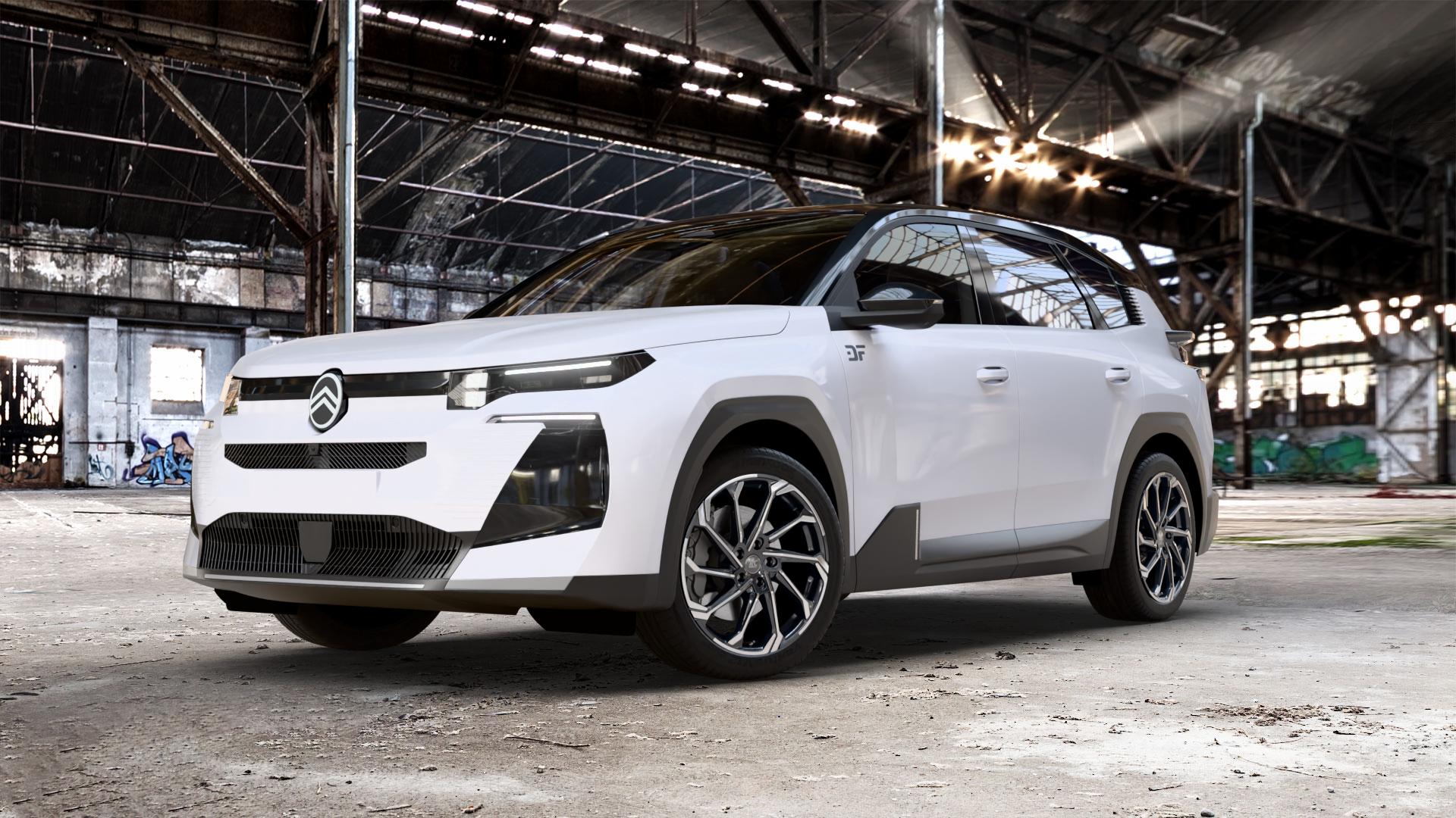 RC Design RC36 schwarz front-poliert Felge mit Reifen in 20Zoll Winterfelge Alufelge auf weissem Citroen C5 Aircross Typ K 1,2l 100kW Mild-Hybrid (136 PS) 1,6l 110kW Plug-In-Hybrid (150 0,0l 105kW eC5 (143 104kW (141 ⬇️ mit 15mm Tieferlegung ⬇️ Old Industrial Hall_max_5300mm_2024 Frontansicht_1
