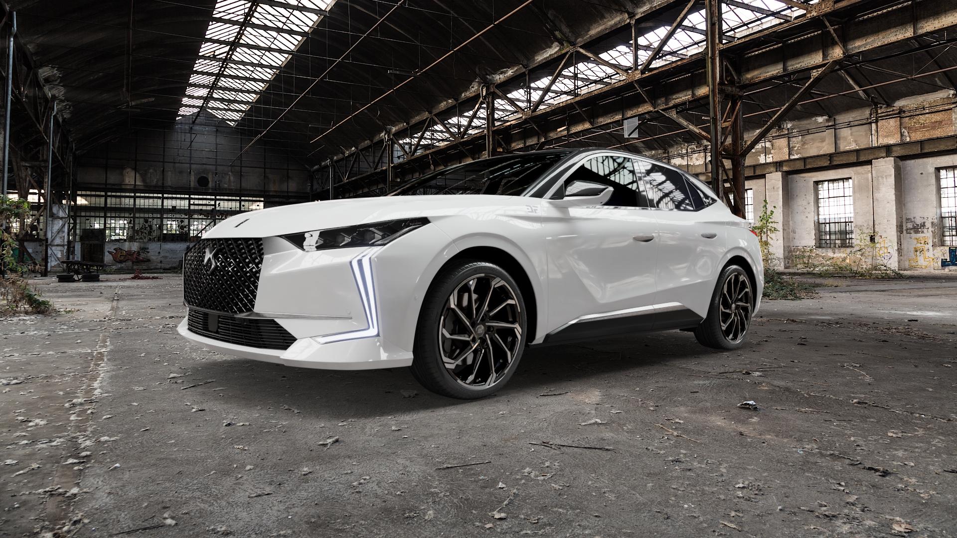 RC Design RC36 schwarz front-poliert Felge mit Reifen in 20Zoll Winterfelge Alufelge auf weissem DS Automobiles DS4 II Typ F ⬇️ mit 15mm Tieferlegung ⬇️ Old Industrial Hall_max5000mm_2022 Frontansicht_1