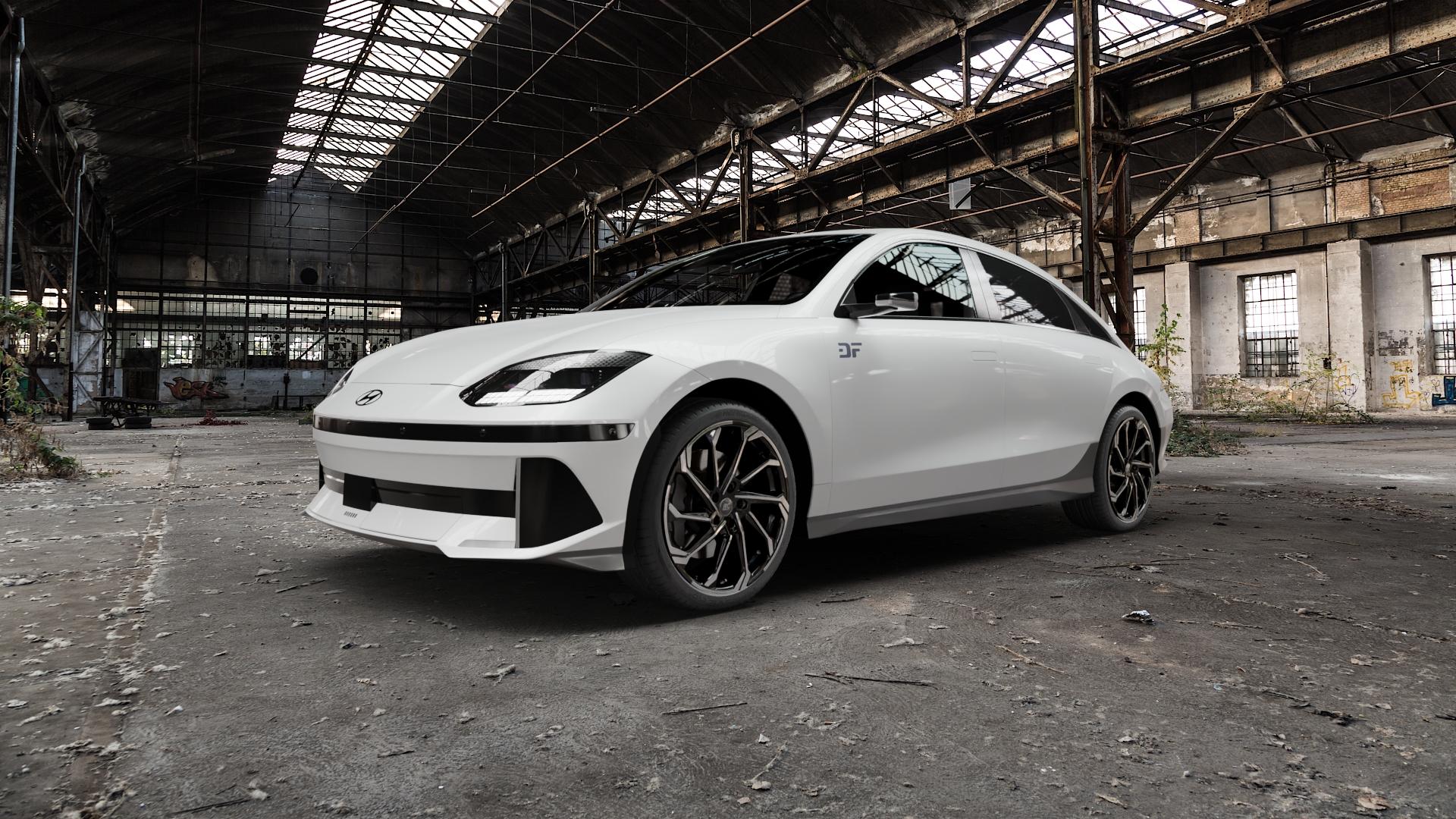 RC Design RC36 schwarz front-poliert Felge mit Reifen in 20Zoll Winterfelge Alufelge auf weissem Hyundai Ioniq 6 Typ CE ⬇️ mit 15mm Tieferlegung ⬇️ Old Industrial Hall_max5000mm_2022 Frontansicht_1