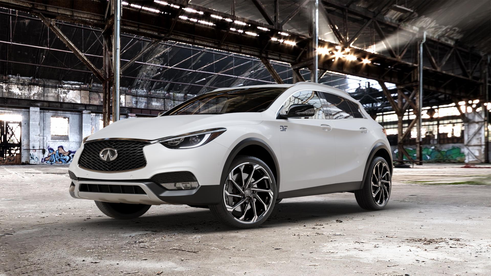 RC Design RC36 schwarz front-poliert Felge mit Reifen in 20Zoll Winterfelge Alufelge auf weissem Infiniti QX30 ⬇️ mit 15mm Tieferlegung ⬇️ Old Industrial Hall_max_5300mm_2024 Frontansicht_1