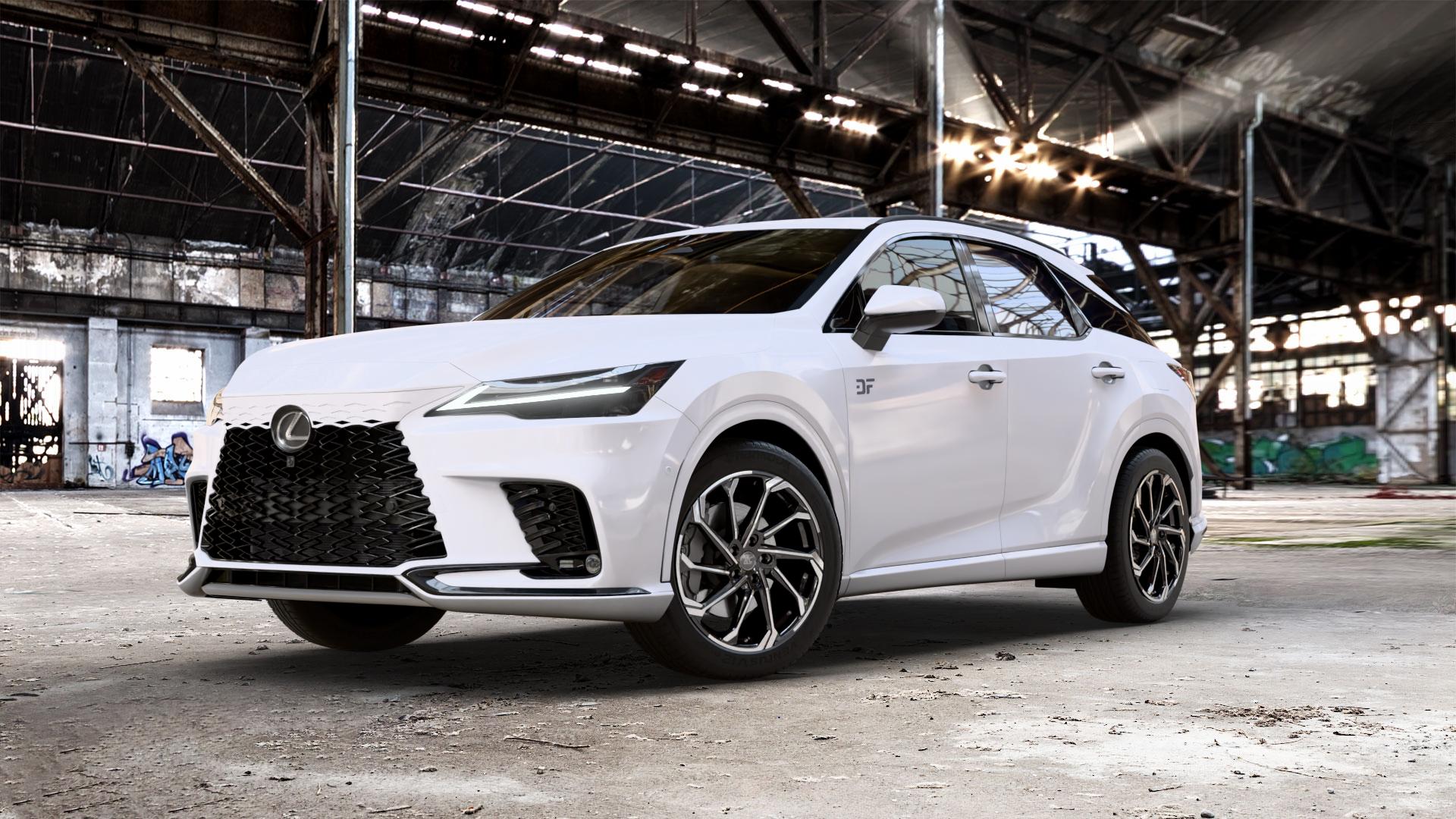 RC Design RC36 schwarz front-poliert Felge mit Reifen in 20Zoll Winterfelge Alufelge auf weissem Lexus RX V Typ AL3(M) 2,5l 140kW RX350H AWD (190 PS) 136kW RX450H+ (185 2,4l 200kW RX500H (272 AL3(M)-TGRE ⬇️ mit 15mm Tieferlegung ⬇️ Old Industrial Hall_max_5300mm_2024 Frontansicht_1