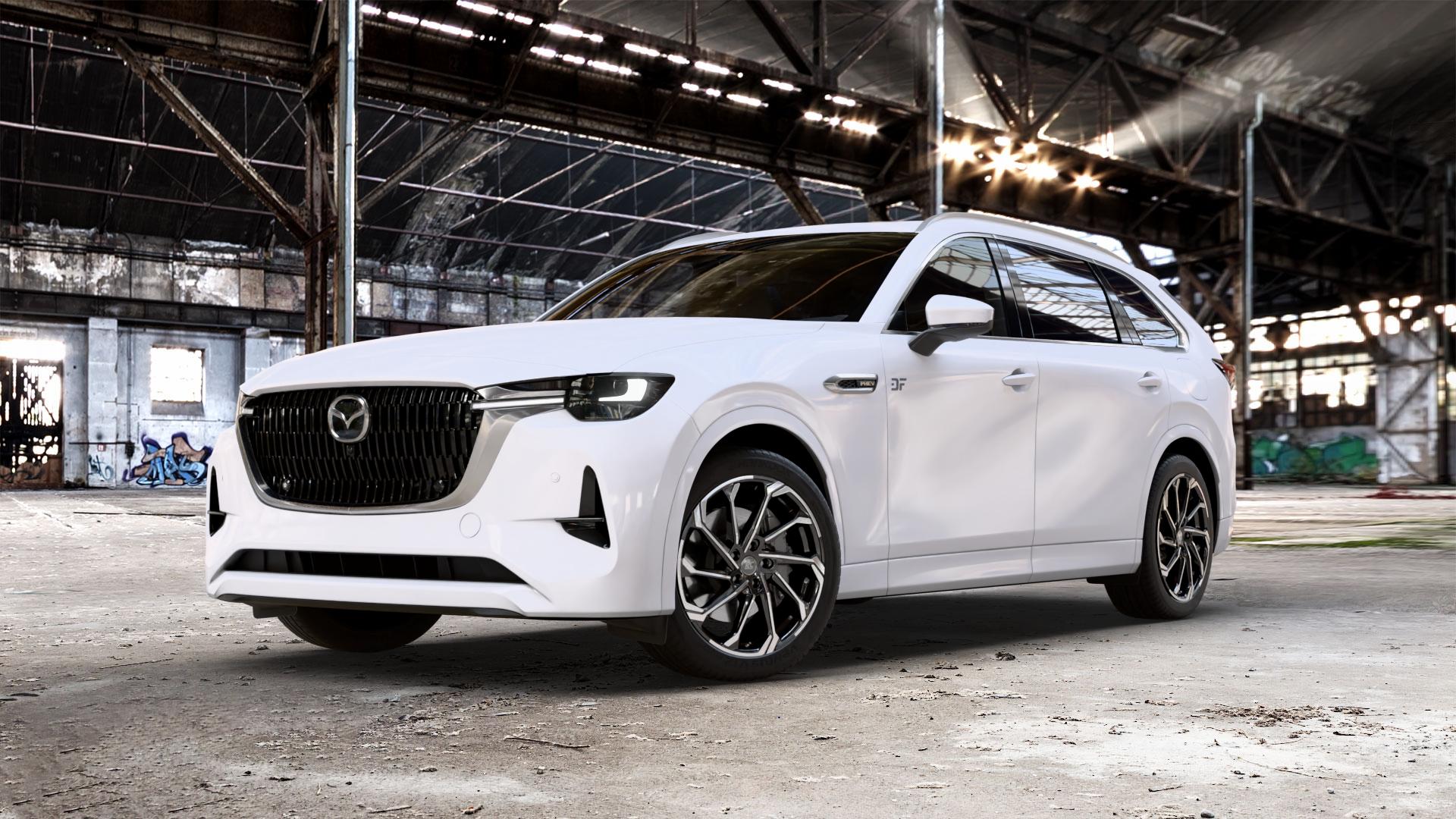 RC Design RC36 schwarz front-poliert Felge mit Reifen in 20Zoll Winterfelge Alufelge auf weissem Mazda CX-80 Typ KL01 ⬇️ mit 15mm Tieferlegung ⬇️ Old Industrial Hall_max_5300mm_2024 Frontansicht_1