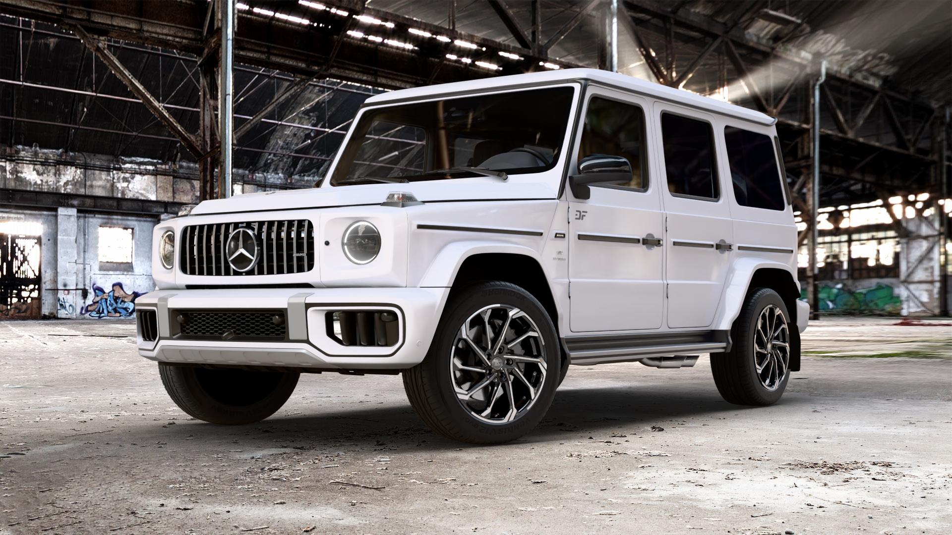 RC Design RC36 schwarz front-poliert Felge mit Reifen in 20Zoll Winterfelge Alufelge auf weissem Mercedes G-Klasse Typ W465 3,0l G 450d 270kW Mild-Hybrid (367 PS) 500 330kW (449 0,0l 580 EQ 223kW (303 4,0l 63 AMG 430kW (585 ⬇️ mit 15mm Tieferlegung ⬇️ Old Industrial Hall_max_5300mm_2024 Frontansicht_1