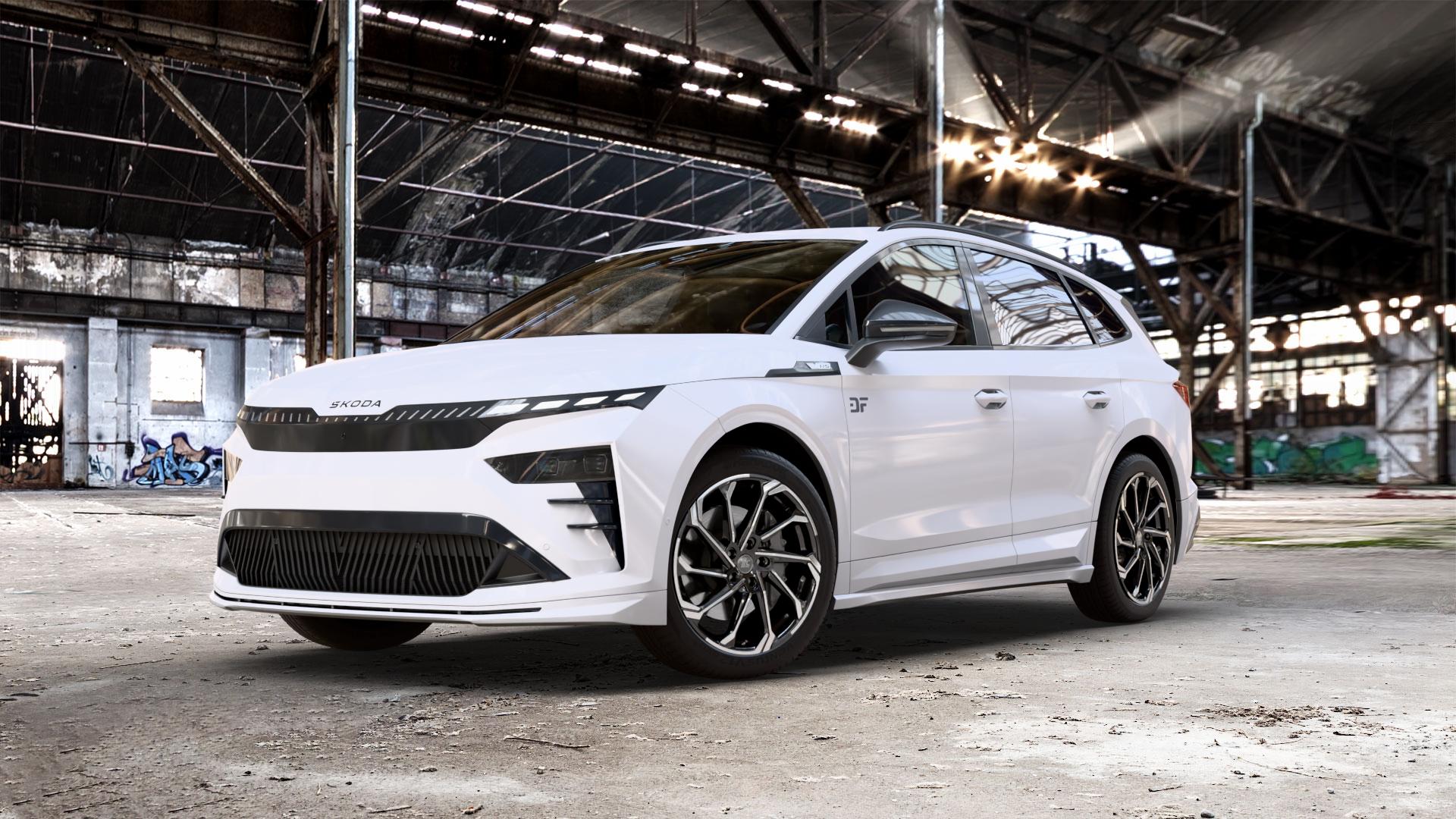 RC Design RC36 schwarz front-poliert Felge mit Reifen in 20Zoll Winterfelge Alufelge auf weissem Skoda Enyaq iV Typ NY Facelift 0,0l 77kW RS (105 PS) ⬇️ mit 15mm Tieferlegung ⬇️ Old Industrial Hall_max_5300mm_2024 Frontansicht_1