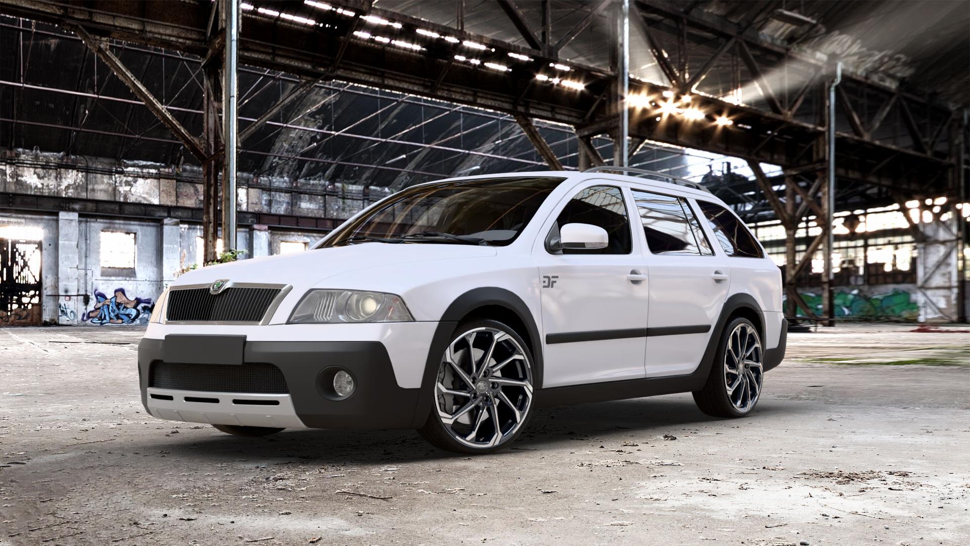 RC Design RC36 schwarz front-poliert Felge mit Reifen in 20Zoll Winterfelge Alufelge auf weissem Skoda Octavia II Scout Typ 1Z ⬇️ mit 15mm Tieferlegung ⬇️ Old Industrial Hall_max_5300mm_2024 Frontansicht_1