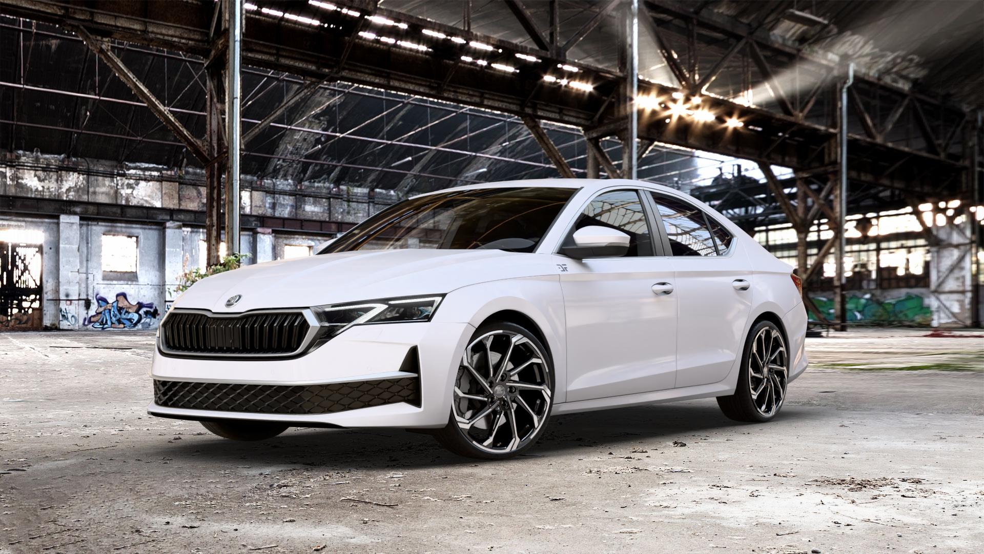 RC Design RC36 schwarz front-poliert Felge mit Reifen in 20Zoll Winterfelge Alufelge auf weissem Skoda Octavia IV Limousine Typ NX Facelift 1,5l TSI 85kW Mild-Hybrid (116 PS) 110kW (150 2,0l TDI ⬇️ mit 15mm Tieferlegung ⬇️ Old Industrial Hall_max_5300mm_2024 Frontansicht_1