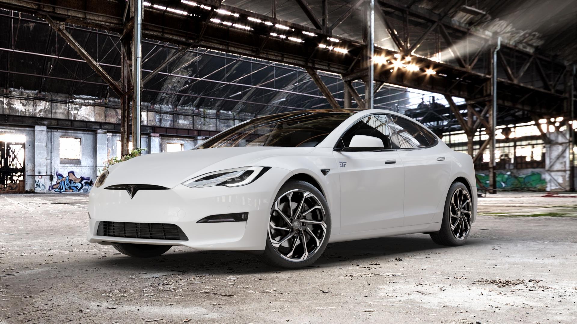RC Design RC36 schwarz front-poliert Felge mit Reifen in 20Zoll Winterfelge Alufelge auf weissem Tesla Model S Typ 004 ⬇️ mit 15mm Tieferlegung ⬇️ Old Industrial Hall_max_5300mm_2024 Frontansicht_1