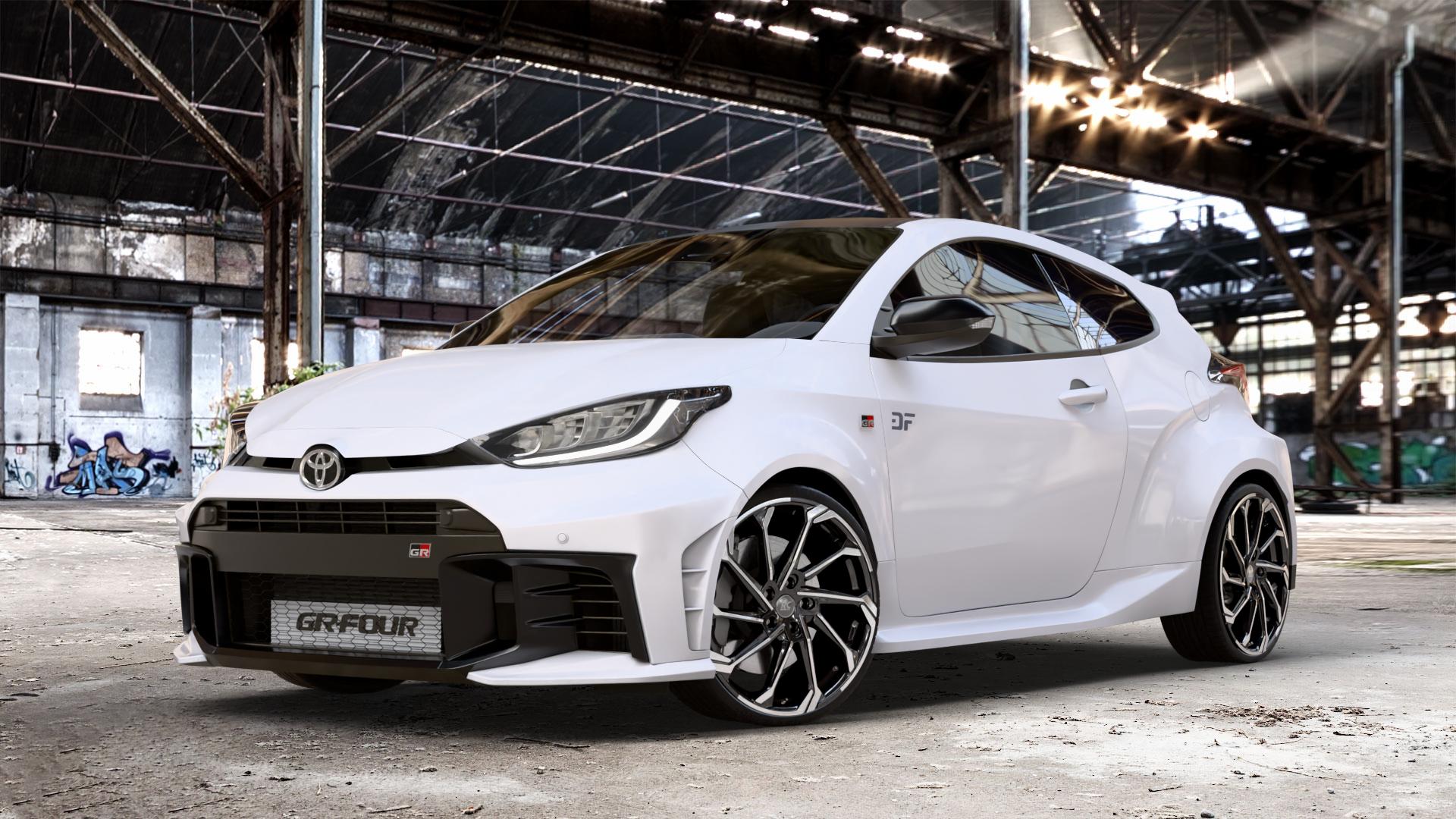 RC Design RC36 schwarz front-poliert Felge mit Reifen in 20Zoll Winterfelge Alufelge auf weissem Toyota Yaris IV GR Typ XPA1G(EU,M) Facelift ⬇️ mit 15mm Tieferlegung ⬇️ Old Industrial Hall_max_4400mm_2024 Frontansicht_1